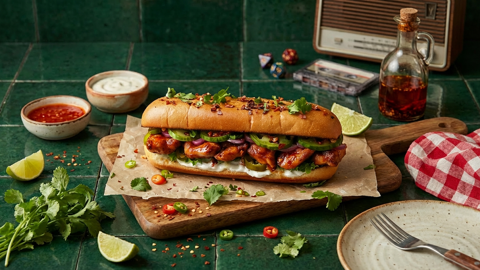 Ein reich belegtes Sandwich mit gegrilltem Hähnchen, frischen Gemüsestücken wie Gurken und Zwiebeln, garniert mit Koriander. Es liegt auf einer Holzplatte und wird von Limettenscheiben sowie kleinen Schalen mit Sauce umgeben. Der Hintergrund zeigt grüne Fliesen.