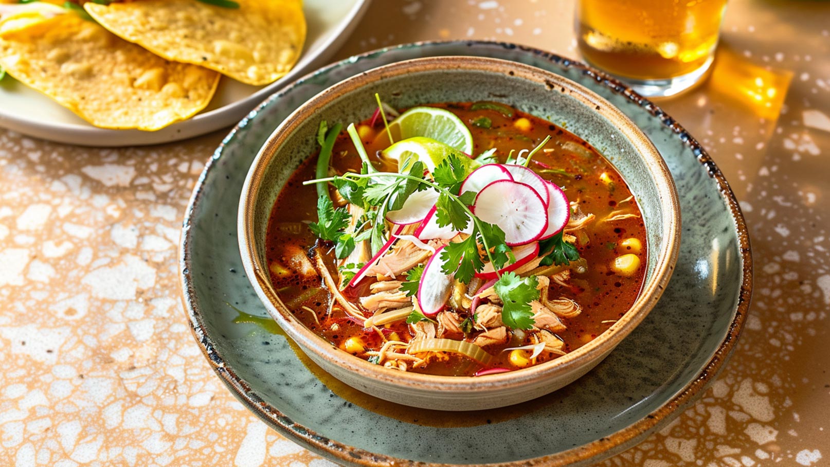 Ein tiefes Teller mit einer herzhaften Suppe, garniert mit frischen Kräutern, Radieschen, Limettenscheiben und zarten Hühnerstücken. Im Hintergrund sind einige Tortillas und ein Glas Bier zu sehen. Die Suppe hat eine warme, rote Farbe und wird auf einer hellen Tischoberfläche serviert.