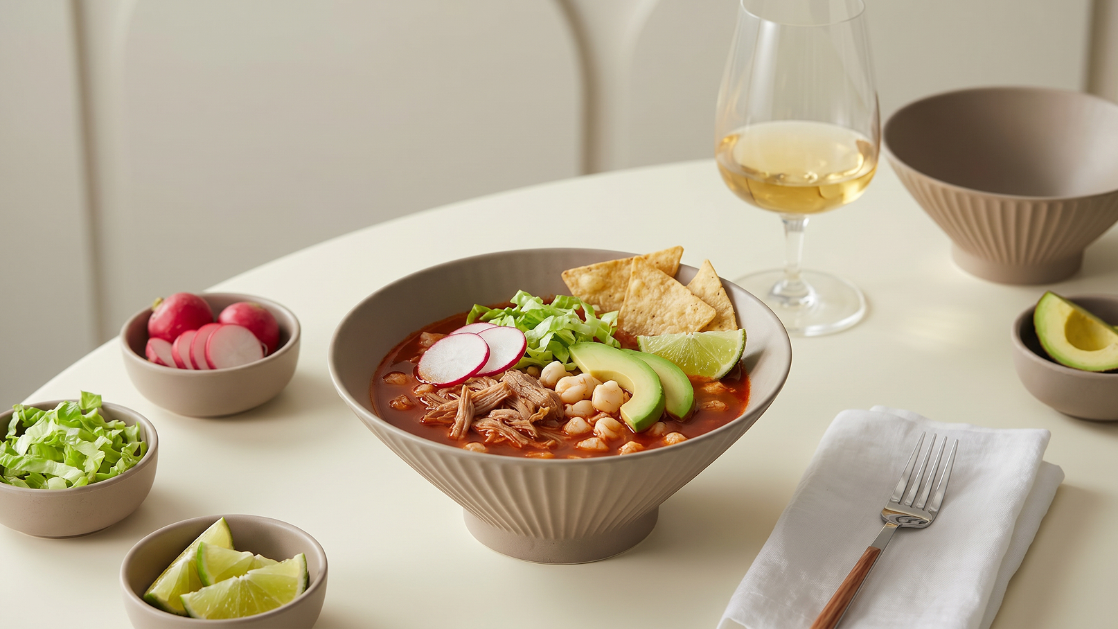 Auf einem Tisch stehen eine große Schüssel Suppe mit Fleisch, Bohnen, Radieschen und Tortillachips sowie mehrere kleine Schalen mit Limetten, Radieschen und Kopfsalat. Ein Glas Weißwein ist ebenfalls zu sehen.