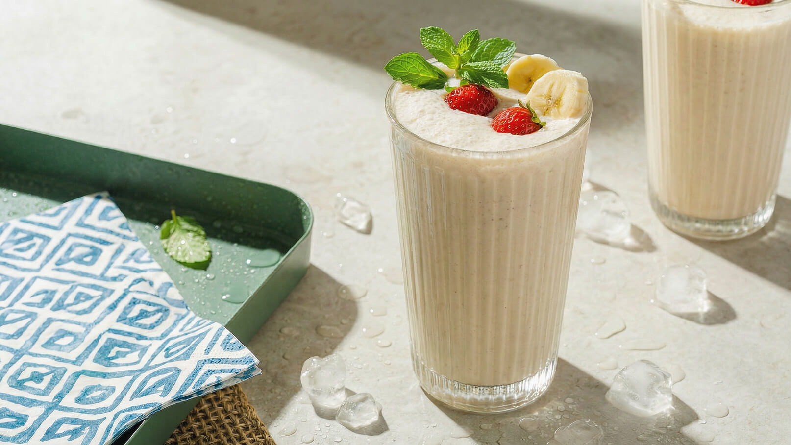 Ein Glas cremiger Smoothie, garniert mit frischen Erdbeeren und einem Blatt Minze, steht auf einem hellen Untergrund. Neben dem Glas liegen einige Eiswürfel. Im Hintergrund ist ein weiteres Glas Smoothie zu sehen.