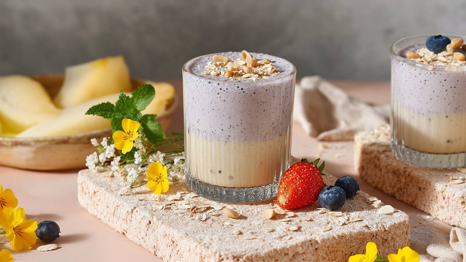 Zwei Gläser mit cremigem Joghurt, einer lila Schicht oben und einer helleren Schicht darunter, sind auf einem rustikalen Untergrund platziert. Dekoriert mit Haferflocken, einer Erdbeere, Heidelbeeren und essbaren Blüten. Im Hintergrund liegt ein Holzteller mit Melonenscheiben.