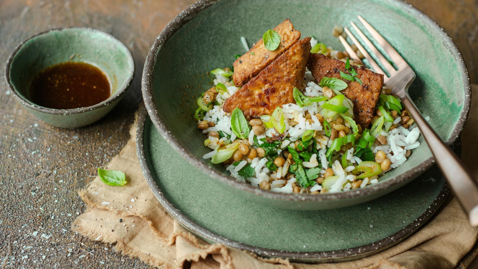 Eine grüne Schale mit einer Portion Reis, gemischten Kräutern und gebratenem Tempeh. Dazu liegt eine kleine Schüssel mit einer dunklen Sauce. Der Teller steht auf einem rustikalen Tisch, ergänzt durch einen Löffel und eine Serviette.