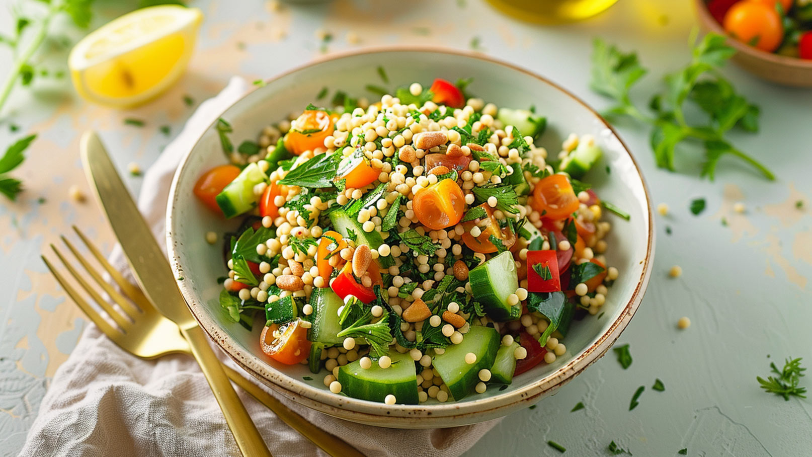 Ein Teller mit einem bunten Salat aus Couscous, frischem Gemüse wie Gurken, Paprika und Kirschtomaten sowie Kräutern. Der Salat ist mit gerösteten Pinienkernen garniert und präsentiert sich appetitlich in einer weißen Schüssel auf einem blauen Tisch.