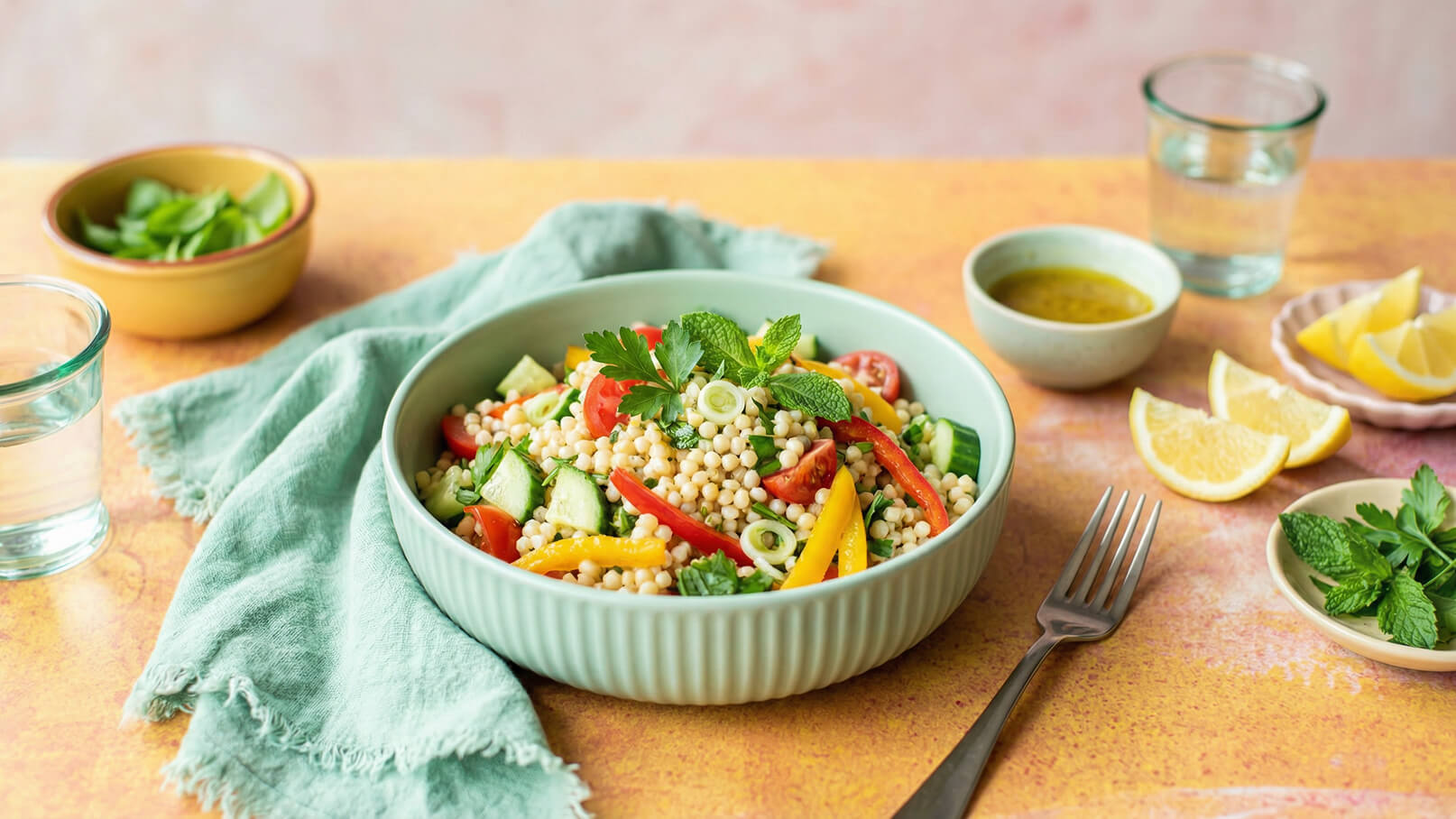 Ein Salat in einer hellgrünen Schüssel, gefüllt mit couscous, Gurken, Tomaten, Paprika und Kräutern. Daneben liegen ein paar Zitronenscheiben, ein Glas Wasser und eine Schale mit Dressing. Ein grünes Tuch befindet sich am Rand des Tisches.
