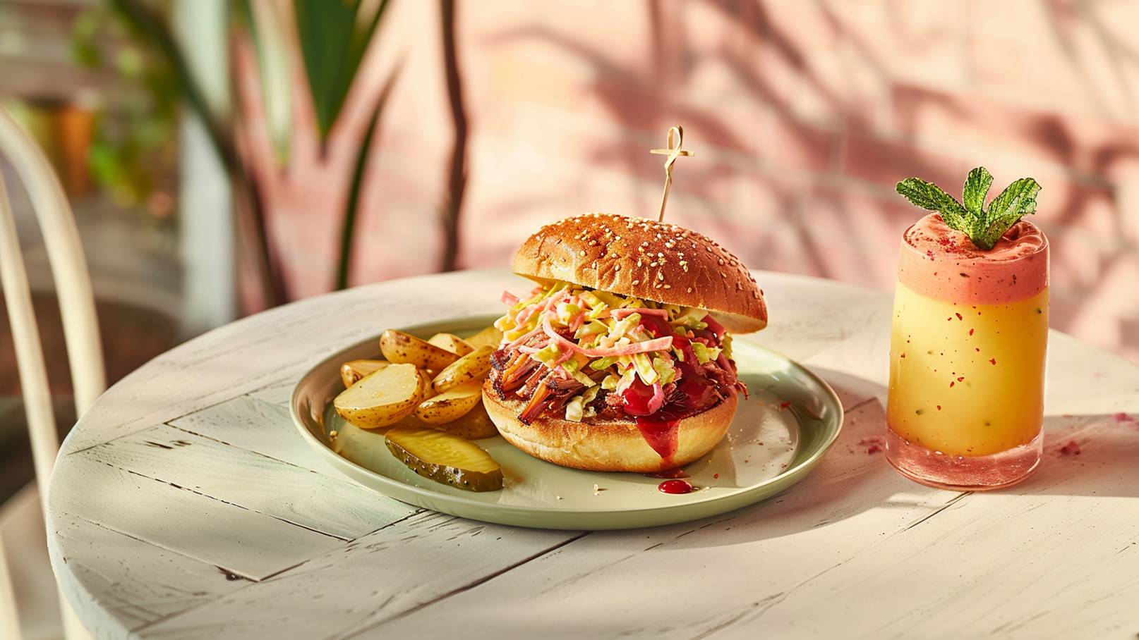 Ein frisch zubereitetes Sandwich auf rustikalem Brot, gefüllt mit zartem, gehacktem Fleisch und einer BBQ-Sauce. Neben dem Sandwich liegen einige Scheiben eingelegter Gurke auf einem Stück Papier. Im Hintergrund sind frittiertes Gemüse und eine kleine Schüssel mit Sauce sichtbar.