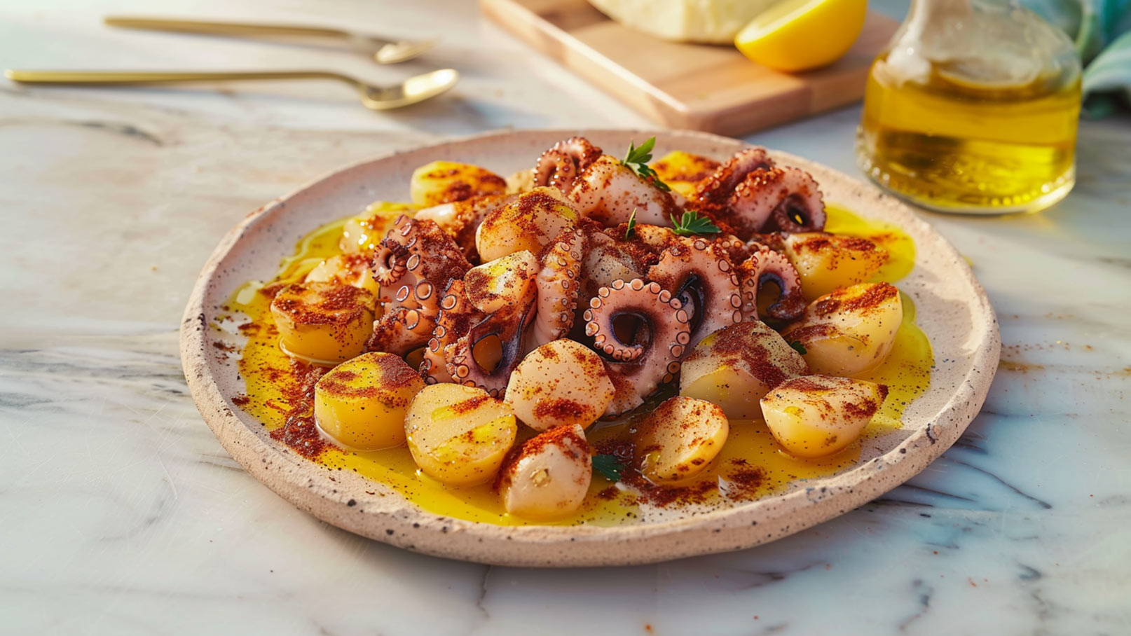 Der Teller zeigt gebratenen Oktopus neben zarten, goldenen Kartoffeln. Alles ist mit Olivenöl übergossen und mit Paprika bestreut. Ein frisches Stück Petersilie verleiht dem Gericht Farbe.