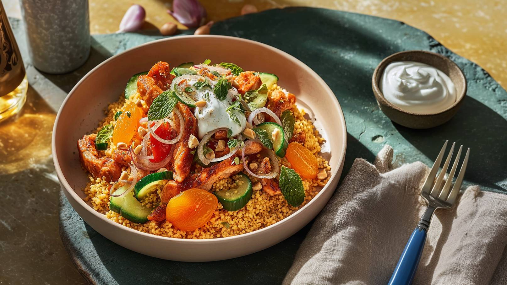 Eine Schüssel mit Couscous, belegt mit gegrilltem Hähnchen, Gurkenscheiben, frischen Kräutern, Mandeln und geschnittenen Zwiebeln. Daneben steht eine kleine Schüssel mit Joghurt. Ein Gedeck mit einer Gabel und einem Serviette ist ebenfalls sichtbar.
