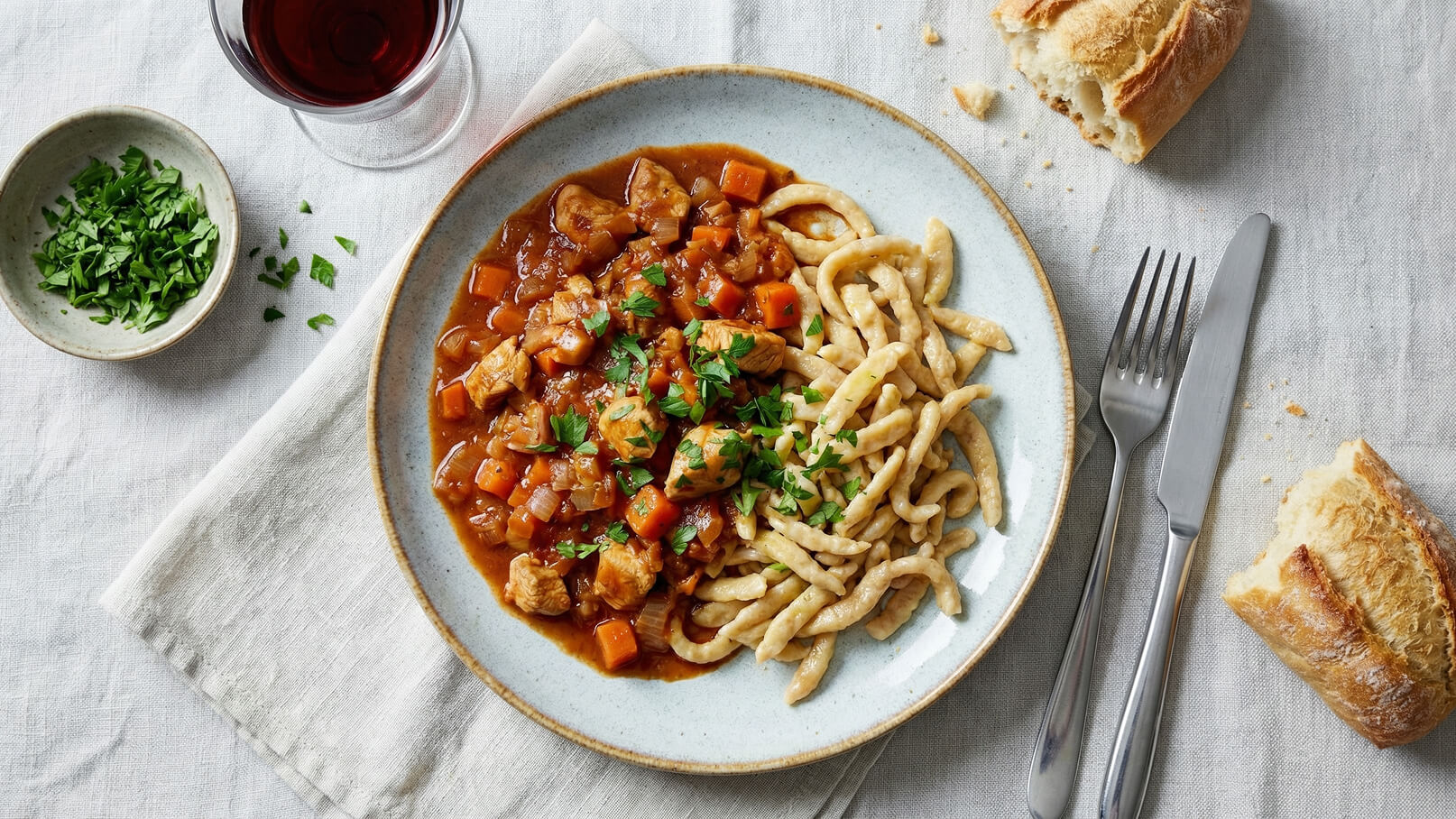 Ein Teller mit köstlichen Spätzle neben einem herzhaften Ragout aus Hähnchenfleisch und Gemüse, garniert mit frischer Petersilie. Im Hintergrund ein Glas Rotwein und ein Teller mit gehackter Petersilie. Ein Stück frisches Brot ist ebenfalls sichtbar.