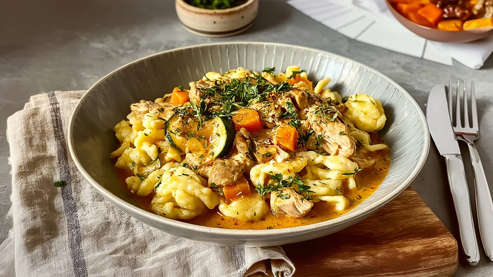 Ein Teller mit einer herzhaften Mischung aus Pasta, zartem Hähnchen, buntem Gemüse wie Zucchini und Karotten, garniert mit frischen Kräutern in einer cremigen Sauce. Im Hintergrund ist eine Gabel und ein Messer sowie ein kleiner Topf mit frischen Kräutern zu sehen.