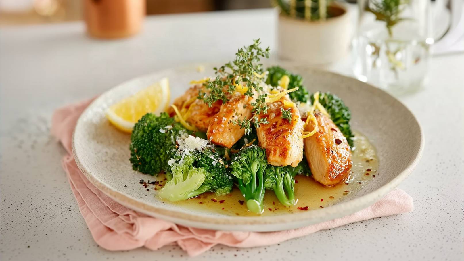 Ein Teller mit gegrilltem Lachs, garniert mit frischem Thymian und Zitronenzesten. Daneben liegt ein Stück Zitronenscheibe. Um den Lachs herum sind dampfende Brokkoliröschen und frische Kräuter, die dem Gericht eine ansprechende Optik verleihen.
