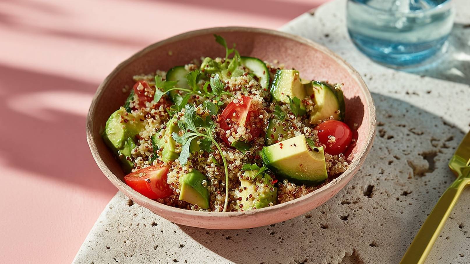 Eine Schüssel mit Quinoa-Salat, die mit frischen Tomaten, Gurken und Avocado-Würfeln garniert ist. Der Salat ist mit frischem Koriander und Gewürzen verfeinert. Die Schüssel steht auf einem hellen Tisch.