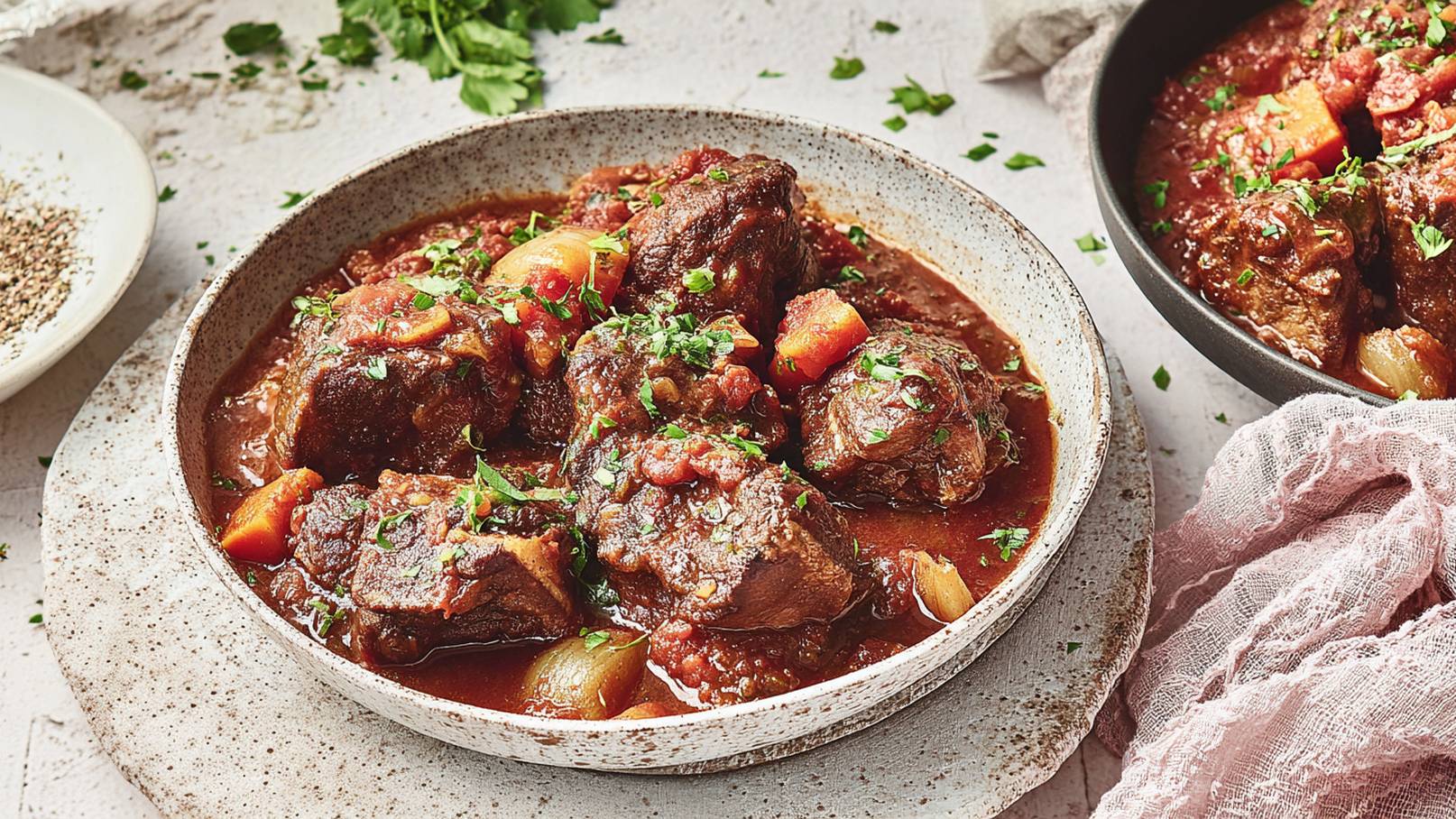 Ein rustikaler Teller mit herzhaftem Eintopf, der große Stücke Fleisch, Gemüse und Tomaten in einer reichhaltigen Soße enthält. Der Eintopf ist mit frischer Petersilie garniert und auf einem rustikalen Untersetzer angerichtet. Im Hintergrund ist eine weitere Schüssel mit ähnlichem Gericht zu sehen.