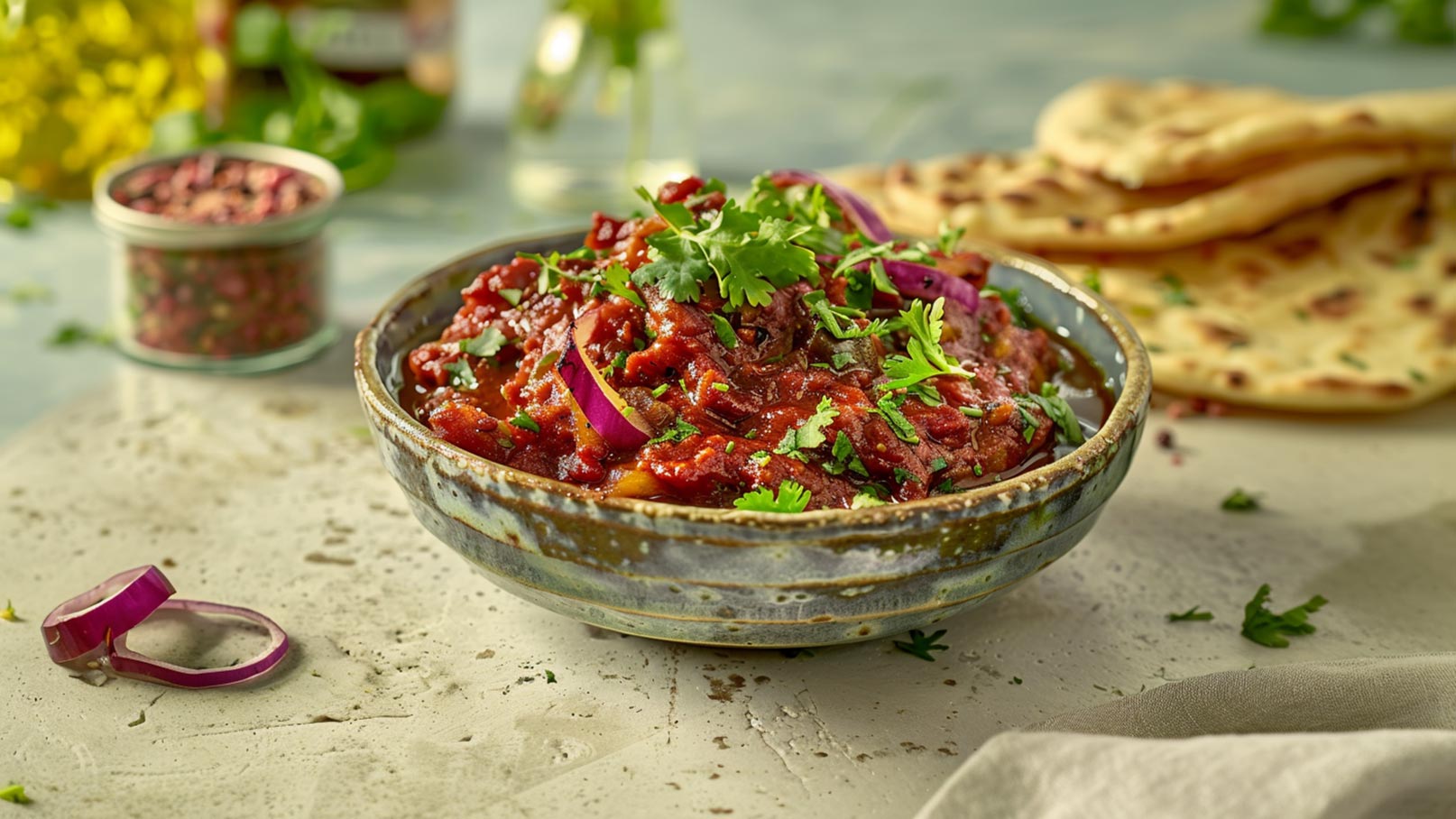Eine keramische Schüssel enthält eine würzige Tomatensauce, garniert mit frischem Koriander und roten Zwiebelringen. Im Hintergrund sind weiche, flache Brote zu sehen. Die Szene vermittelt eine einladende Atmosphäre von frisch zubereitetem Essen.