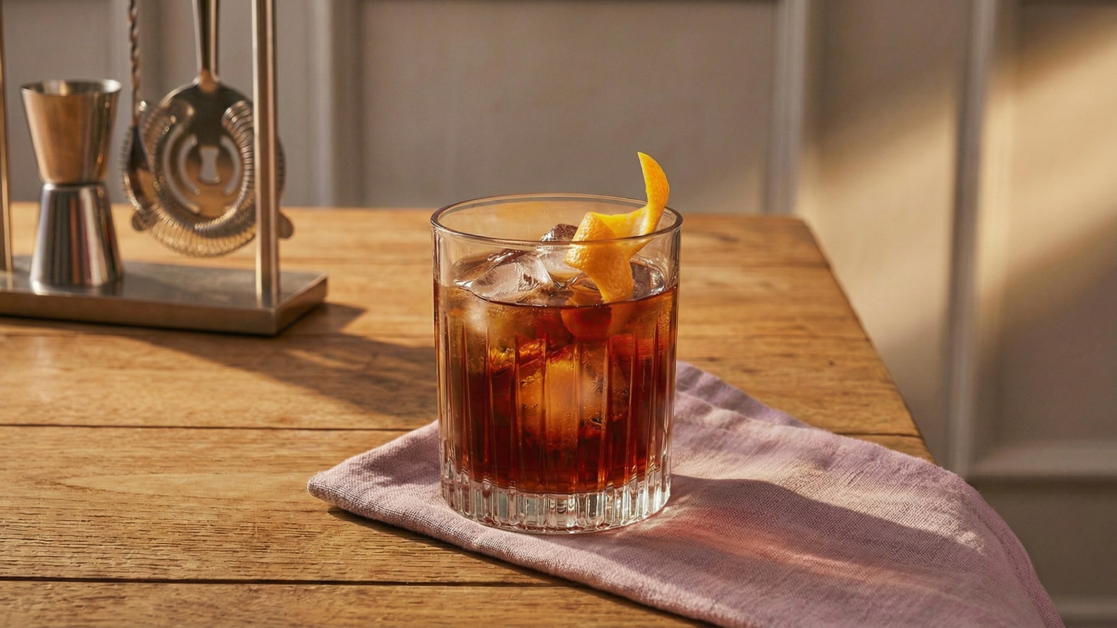 Ein Glas mit einem dunklen Getränk, das mit Eiswürfeln gefüllt ist, steht auf einem hölzernen Tisch. Eine Zeste aus Zitronenschale dekoriert das Getränk. Unter dem Glas liegt ein hellviolettes Tuch.