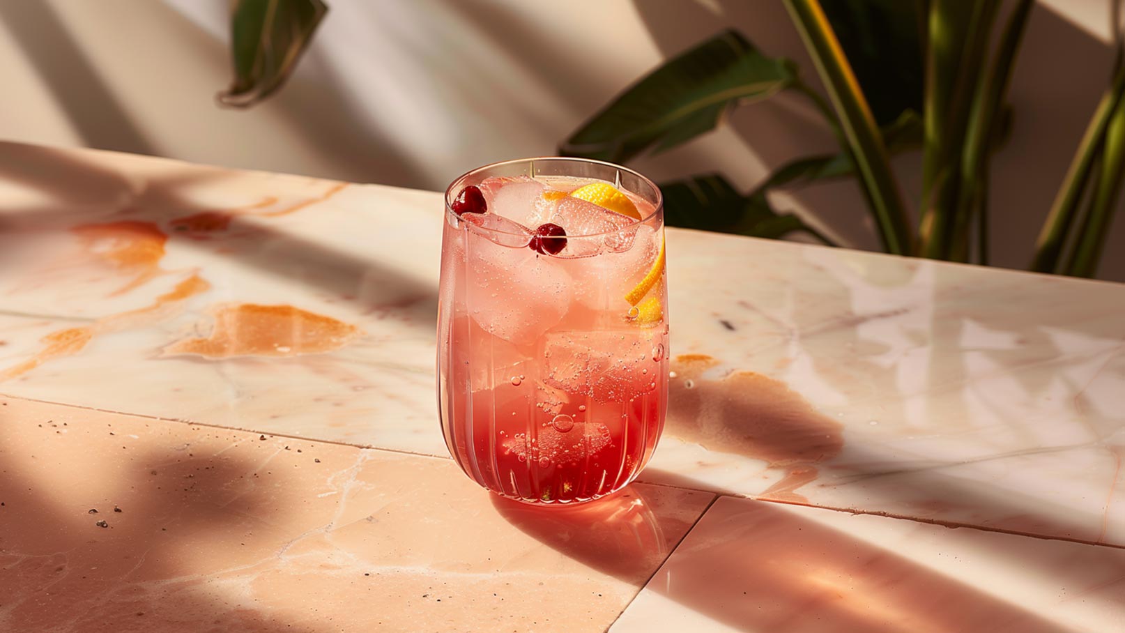 Ein gefülltes Glas mit einem pinkfarbenen Getränk, garniert mit Zitronenscheiben und Kirschen. Das Getränk enthält Eiswürfel und ist auf einer marmorierten Oberfläche platziert. Weiche Licht- und Schattenspiele verleihen der Szene eine warme Atmosphäre.