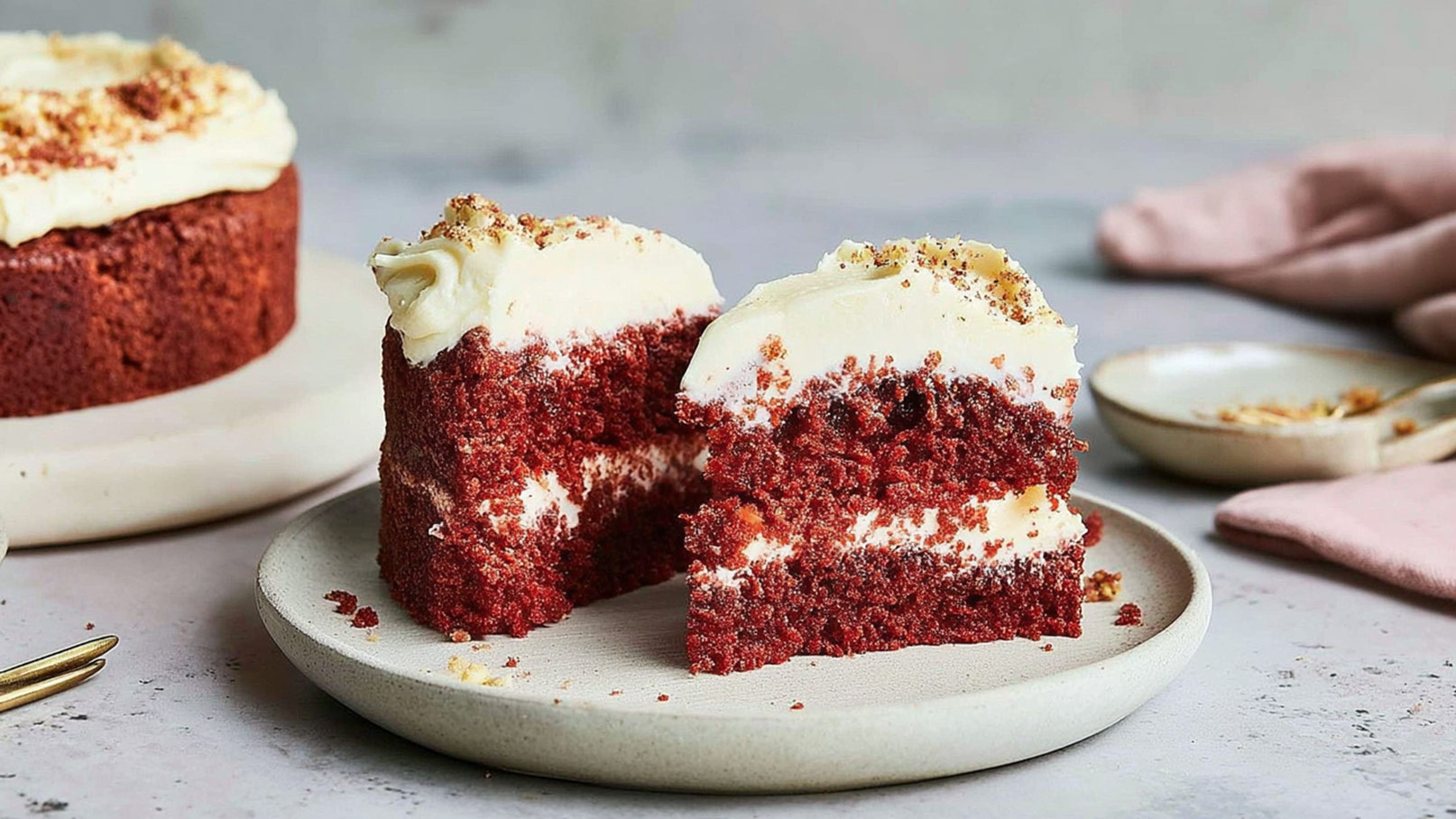 Ein Stück Red Velvet Kuchen auf einem hellen Teller, mit einer Schicht cremigem Frosting und zerbröselten Toppings. Im Hintergrund ist ein ganzer Kuchen sichtbar, der denselben dekorativen Stil hat. Die Präsentation vermittelt einen einladenden Eindruck.