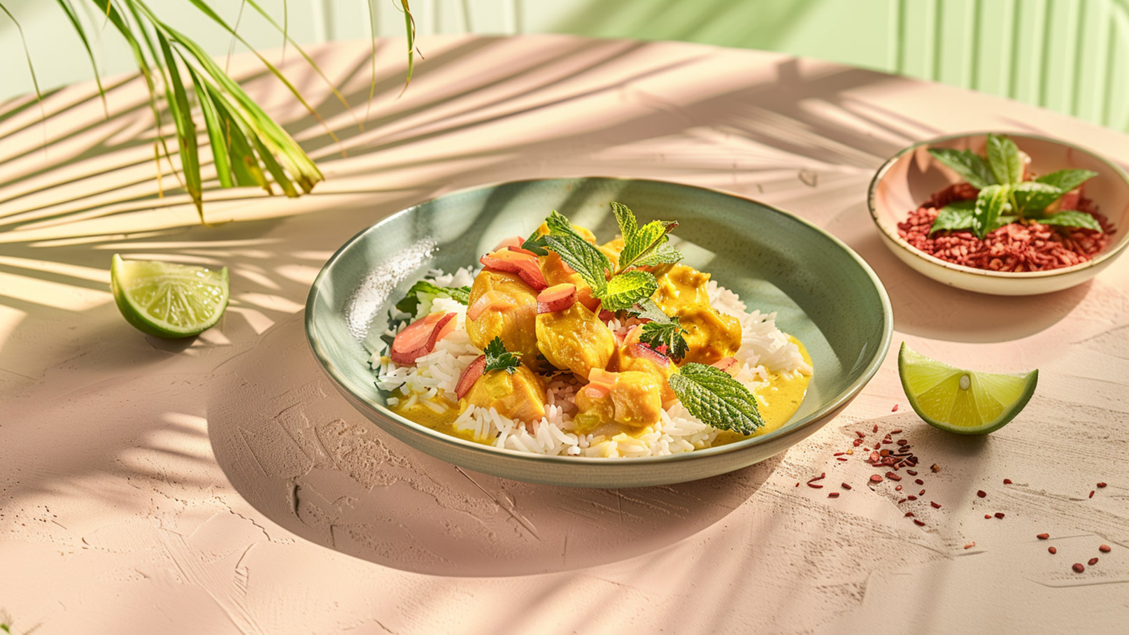 Ein frisches Gericht mit Reis, einer cremigen Currysoße und Stückchen von mariniertem Hähnchen. Das Essen ist mit frischen Kräutern wie Minze und roten Zwiebeln garniert. Neben dem Teller liegt ein Limettenstück und eine kleine Schüssel mit weiteren Kräutern.