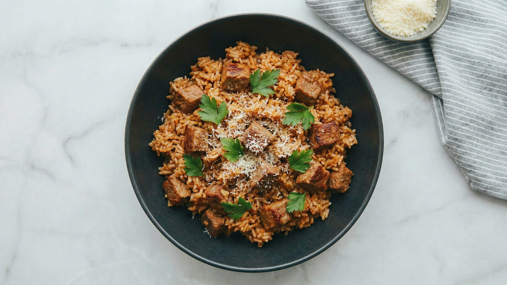 Eine schwarze Schüssel enthält eine Portion Reis mit stückigem Fleisch, garniert mit frischer Petersilie und geriebenem Käse. Der Reis hat eine leicht rötliche Färbung, und die Stücke von Fleisch sind goldbraun.