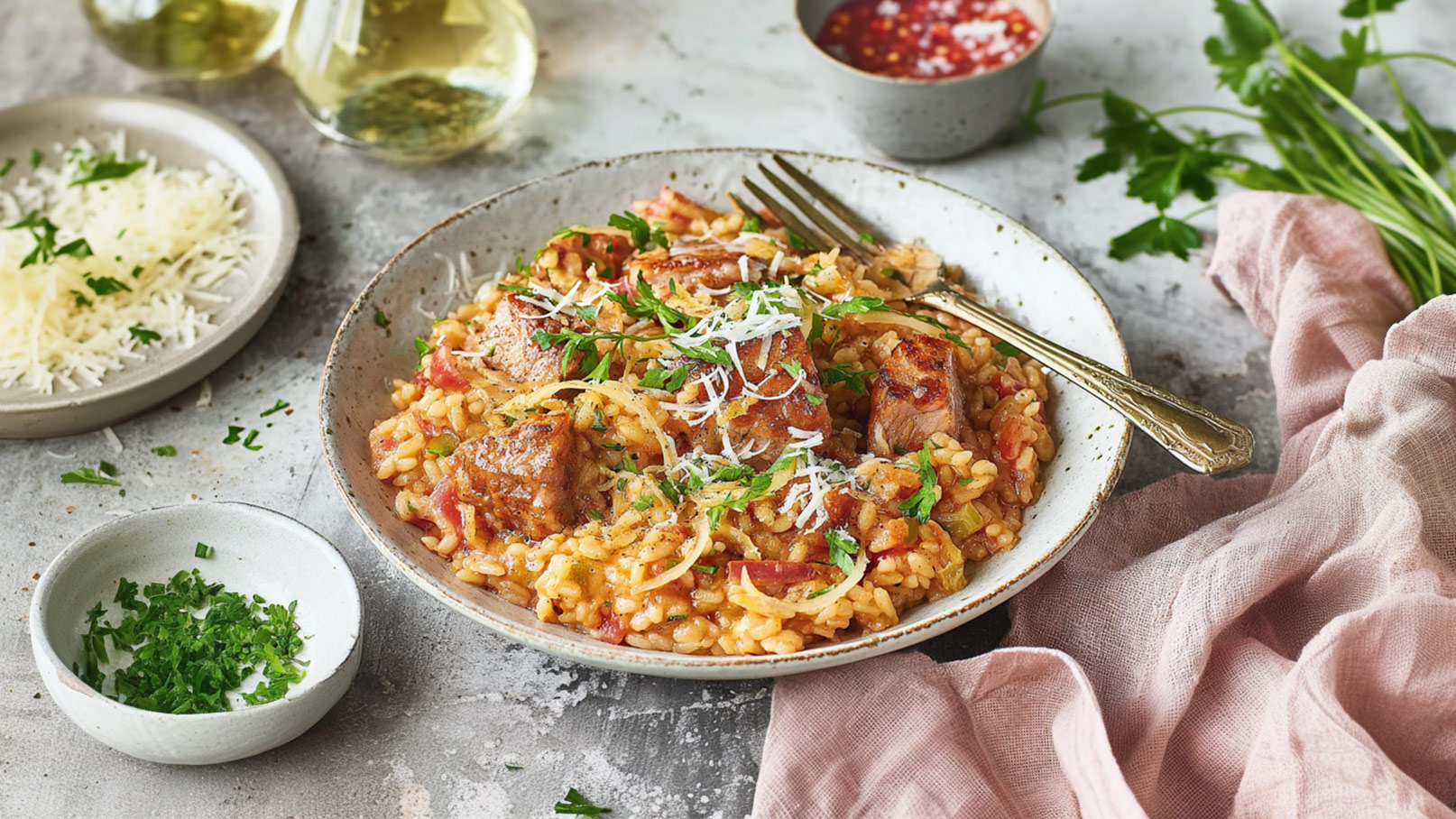 Ein Teller mit Risotto ist mit Kräutern, Käsestreuseln und Fleischstücken garniert. Daneben befindet sich eine kleine Schale mit frisch gehacktem Grün und eine weitere mit geriebenem Käse. Im Hintergrund sind einige Zutaten und eine Serviette zu sehen.