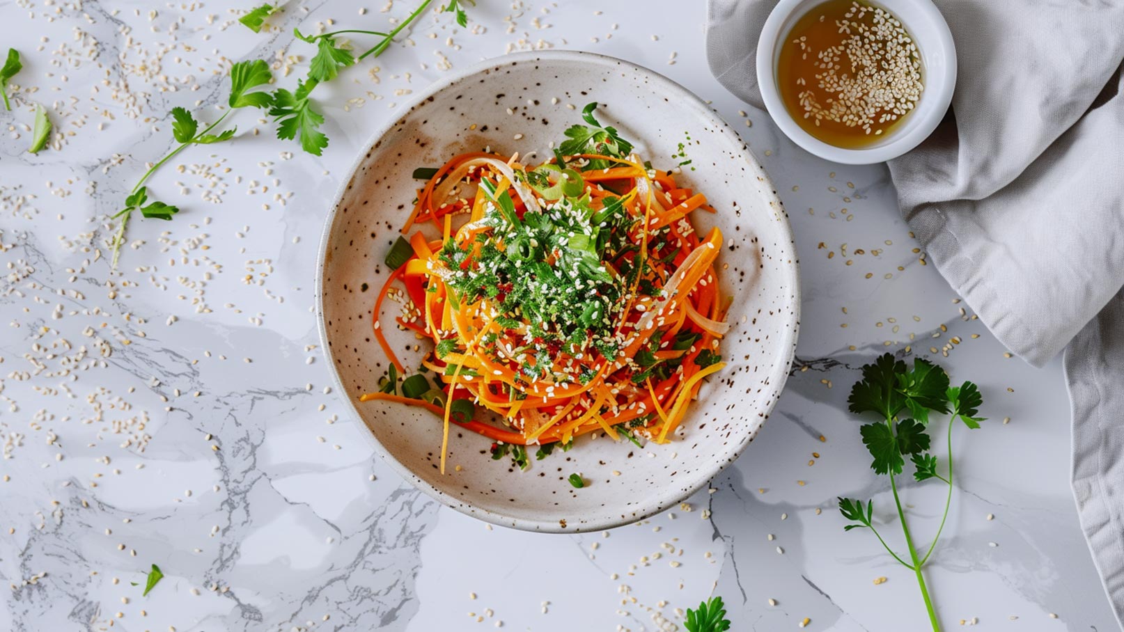 Eine Schüssel mit buntem Salat aus Karotten, Kräutern und Sesam steht auf einem marmorierten Tisch. Der Salat ist frisch garniert und umgeben von kleinen Sesamsamen und ein paar Kräuterblättern. Rechts steht eine kleine Schüssel mit einer braunen Sauce.