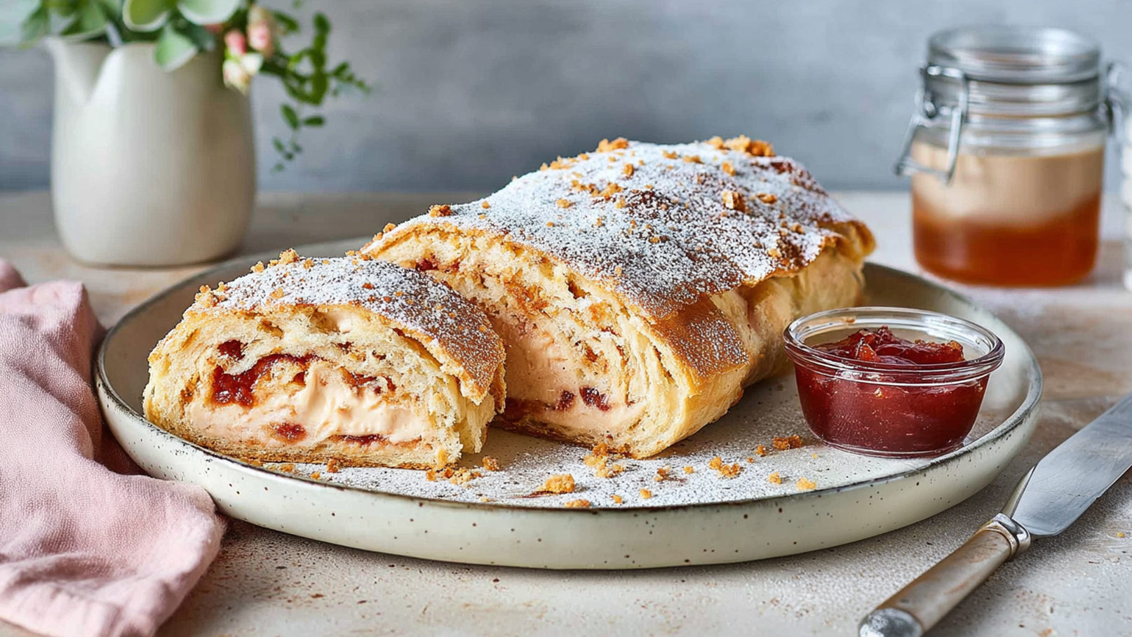 Auf dem Bild ist ein frisch gebackener Strudel zu sehen, der innen mit einer cremigen Füllung und einer Schicht Marmelade gefüllt ist. Der Strudel ist mit Puderzucker bestreut und auf einem Teller angerichtet, daneben befindet sich ein kleines Glas mit Marmelade.