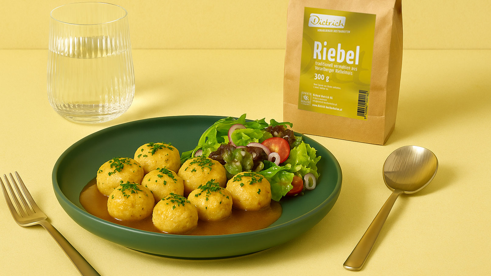 Ein grüner Teller mit Rieben, serviert in einer Sauce, ist in der Mitte abgebildet. Daneben liegt ein frischer Salat mit verschiedenen Blattgemüsen undTomatenscheiben. Im Hintergrund steht ein Glas Wasser und eine Tüte Rieben auf einem gelben Tisch.