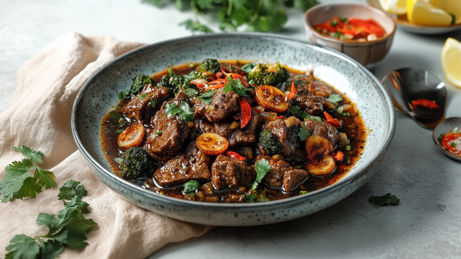 Ein tiefes Teller mit saftigem Rindfleisch, broccolini und roten Chilischoten in einer dunklen Sauce ist zu sehen. Die Garnitur besteht aus frischem Koriander und Zitronenscheiben. Im Hintergrund sind zusätzliche Zutaten in kleinen Schalen.