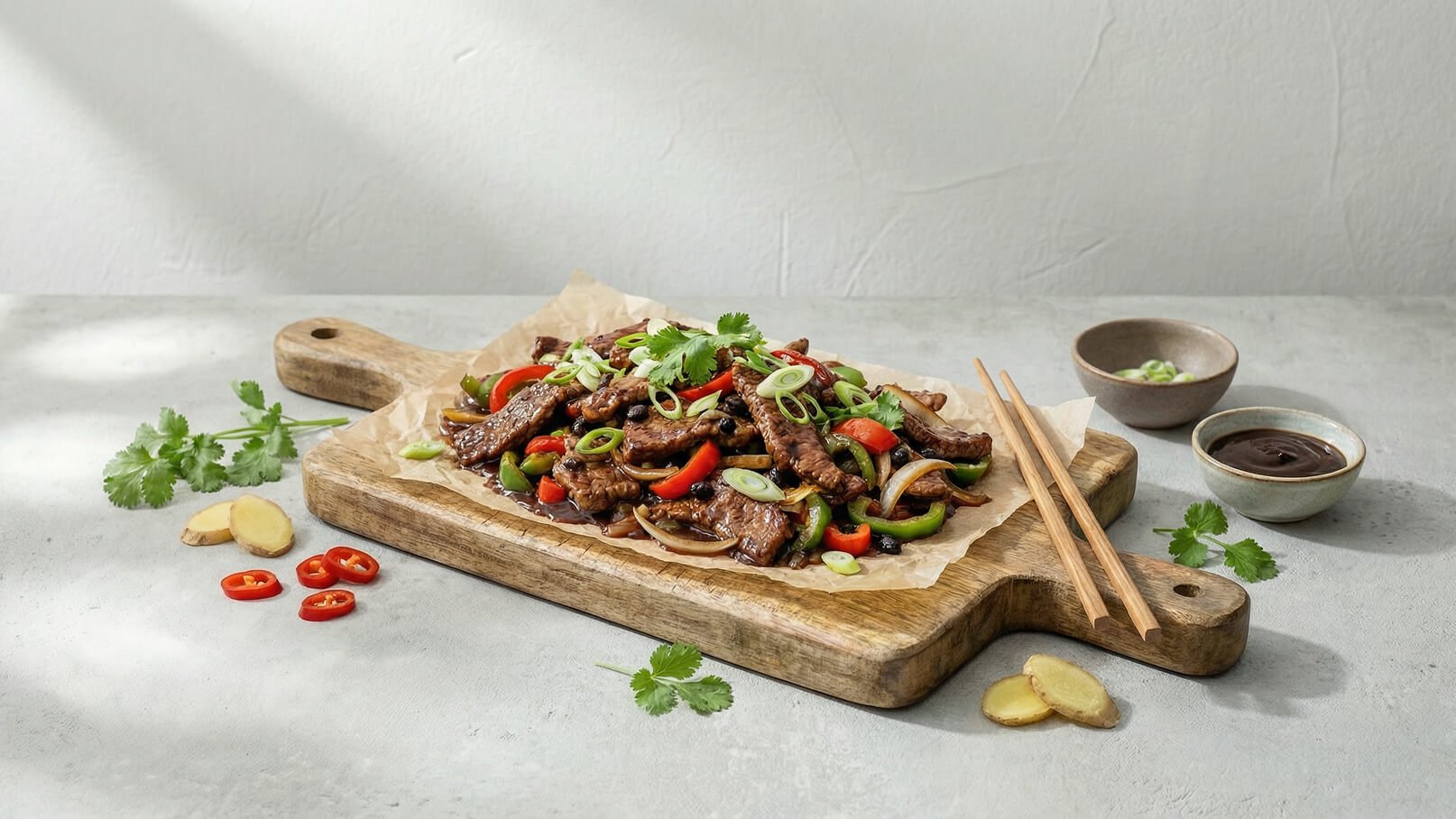 Auf einem Holzbrett liegt eine Portion gebratenes Fleisch mit buntem Gemüse, garniert mit frischem Koriander und Frühlingszwiebeln. Neben dem Brett befinden sich zwei kleine Schalen mit Saucen und frischen Chilis sowie Ingwerscheiben. Essstäbchen liegen bereit zum Servieren.