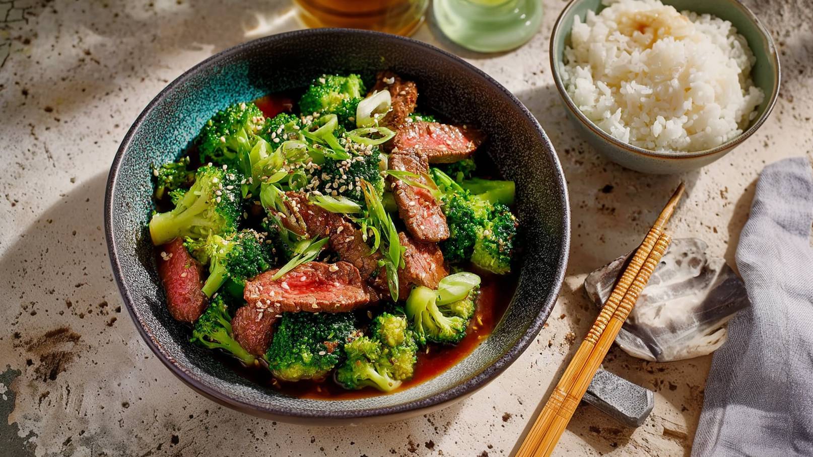 Eine Schüssel mit gebratenem Brokkoli und zarten, in Sauce glasierten Stückchen Fleisch. Der Brokkoli ist leuchtend grün und die Oberfläche glänzt. Neben der Schüssel sind einige frische Kräuter und ein paar Essstäbchen sichtbar.
