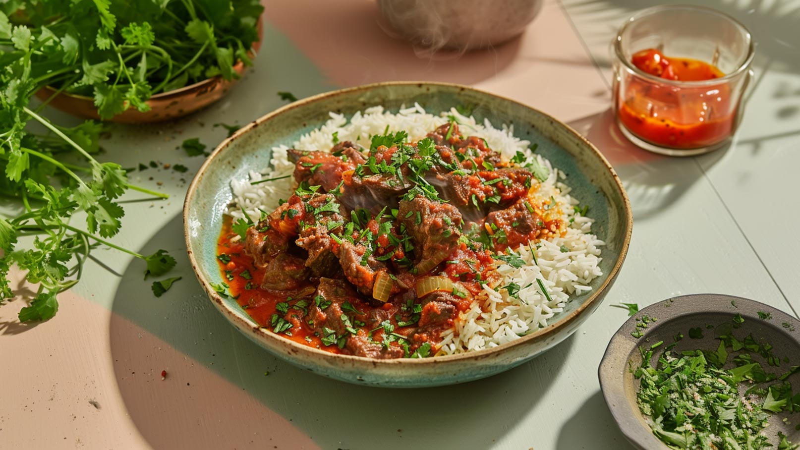 Ein Teller mit dampfendem Reis, bedeckt mit einer würzigen Fleischsoße und frischen Kräutern. Im Hintergrund sind einige frische Kräuter und eine kleine Schüssel mit Chilisauce zu sehen. Das Gericht vermittelt eine einladende und appetitliche Atmosphäre.