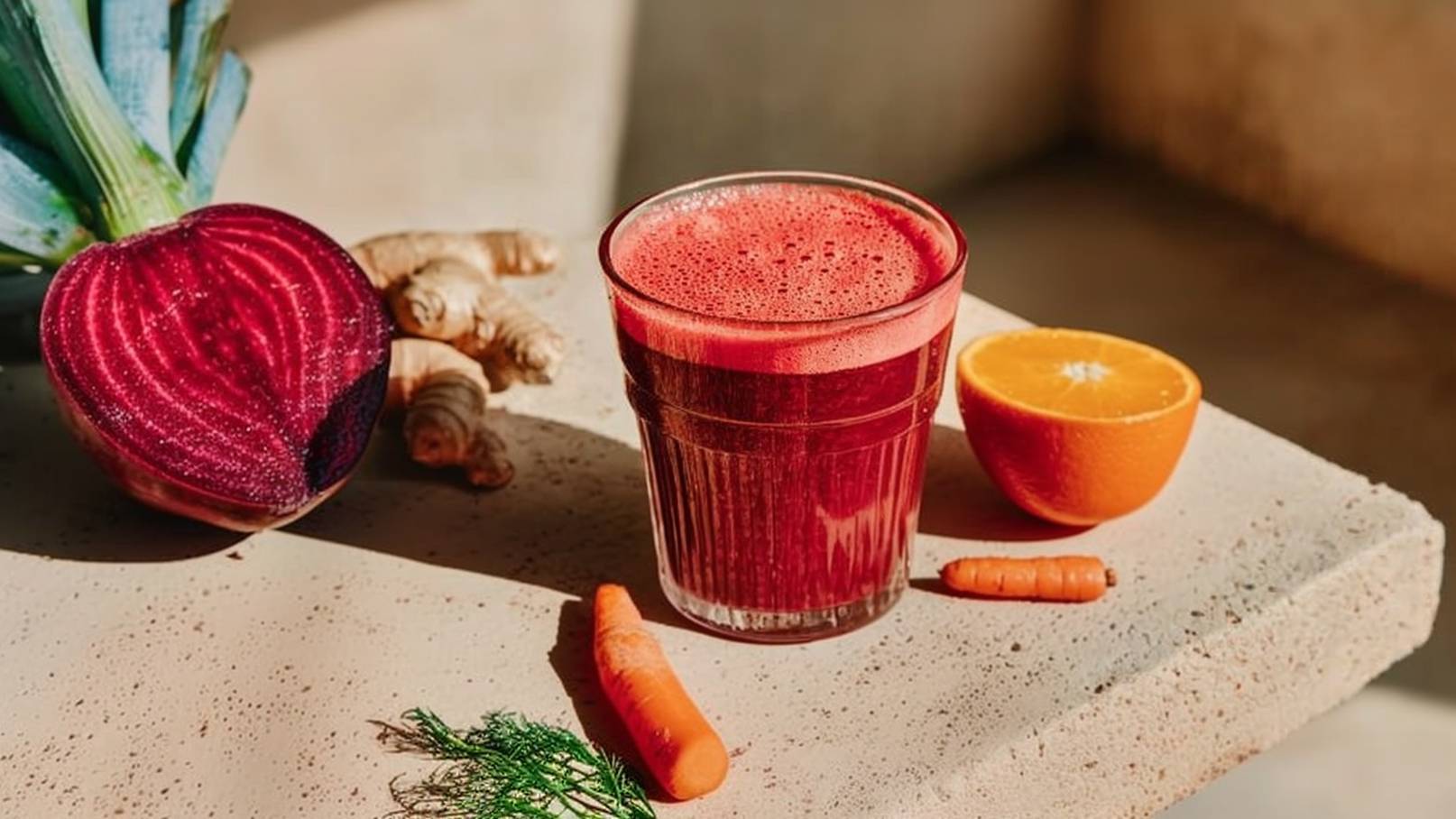 Ein Glas mit rotem Saft steht auf einer Tischoberfläche. Neben dem Glas liegen eine halbe Orange, eine kleine Karotte, eine rote Beete und einige Stücke Ingwer. Die Szene vermittelt eine frische und gesunde Stimmung.