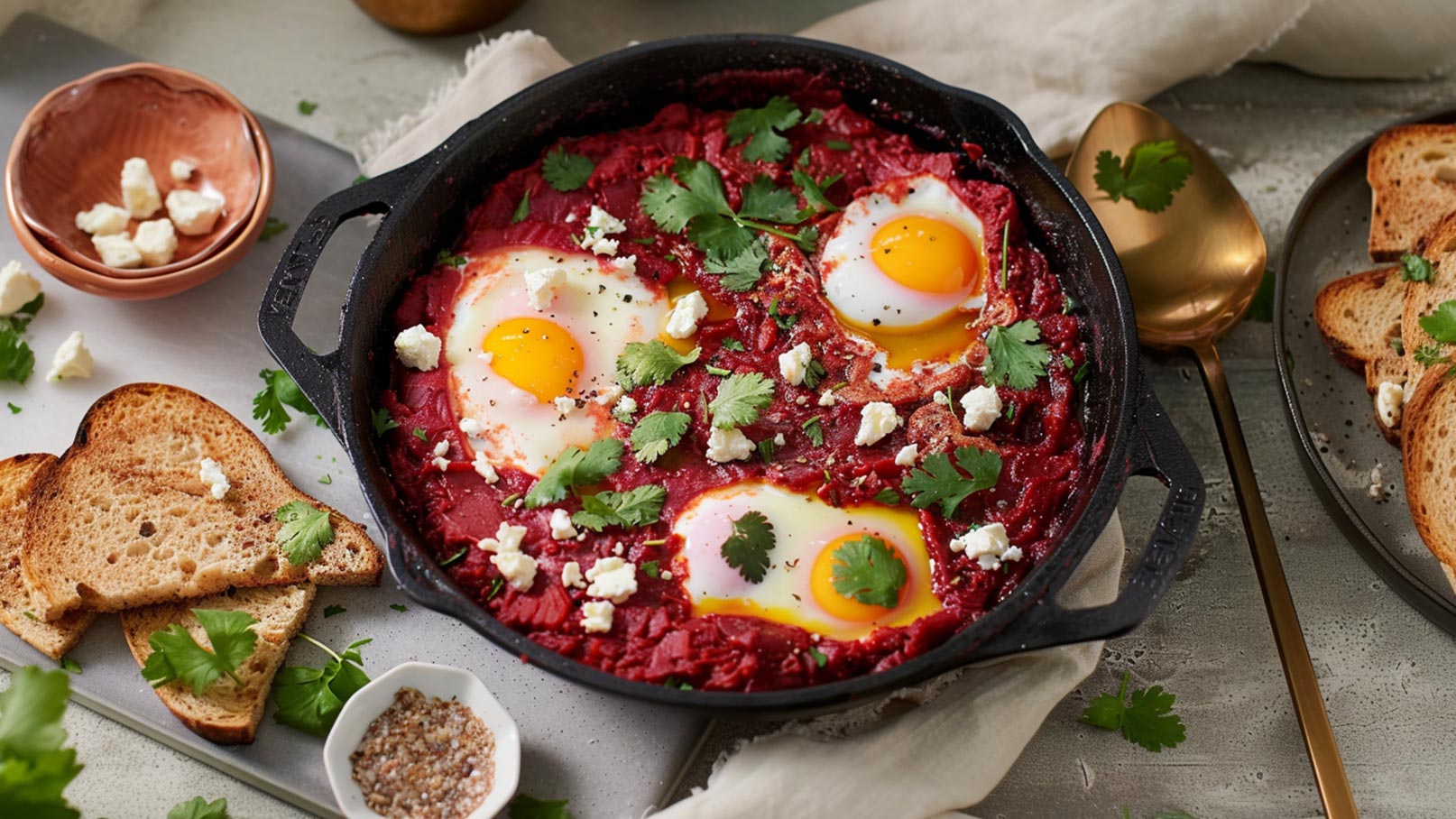 Ein schwarzer Eisenpfanne enthält drei Spiegeleier, eingebettet in eine rote, würzige Sauce, dekoriert mit frischem Koriander und zerbröckeltem Feta-Käse. Neben der Pfanne liegen mehrere Scheiben rustikalen Brotes und eine kleine Schüssel mit Gewürzen.