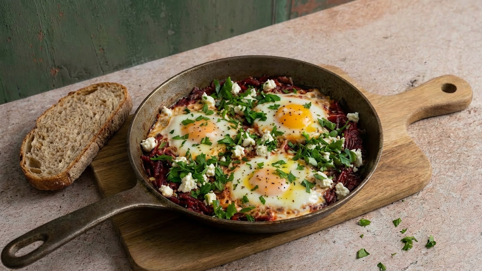 Eine Pfanne mit drei Spiegeleiern, die auf einer rot-braunen Mischung aus Fleisch und Gewürzen liegen. Die Eier sind mit frischer Petersilie und zerbröckeltem Käse garniert. Daneben liegt eine Scheibe Vollkornbrot auf einem Holzbrett.
