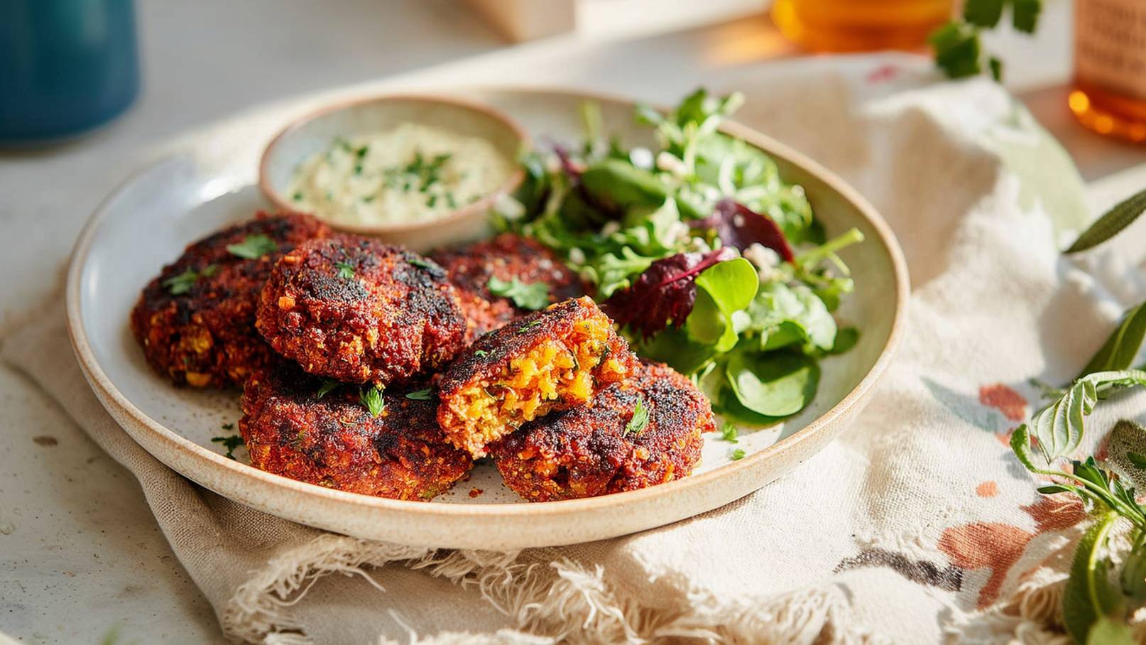 Ein Teller mit goldbraunen, knusprigen Gemüse-Patties, die mit frischer Petersilie garniert sind. Neben den Patties befindet sich eine kleine Schüssel mit Dip und ein buntes, frisches Salatbeet. Die Szene strahlt eine einladende, appetitliche Atmosphäre aus.