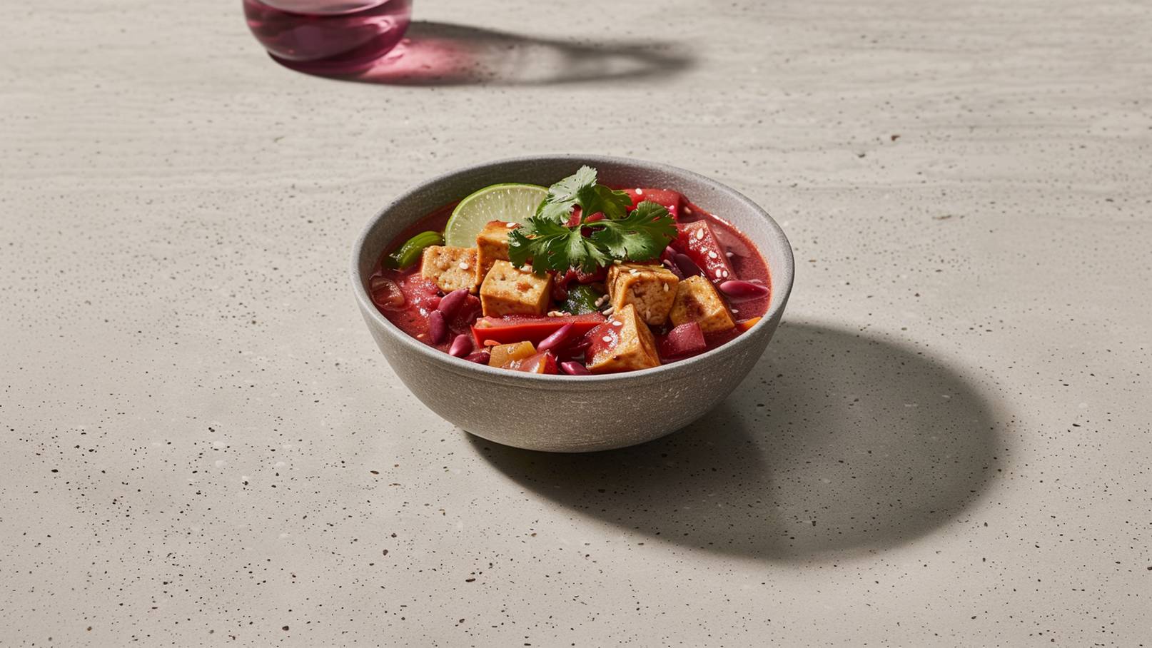 Eine Schüssel mit Reis und würzigem Tofu in einer cremigen Sauce. Der Tofu ist in gleichmäßige Würfel geschnitten und mit frischen Kräutern garniert. Der Reis ist locker und serviert zusammen mit der Sauce.