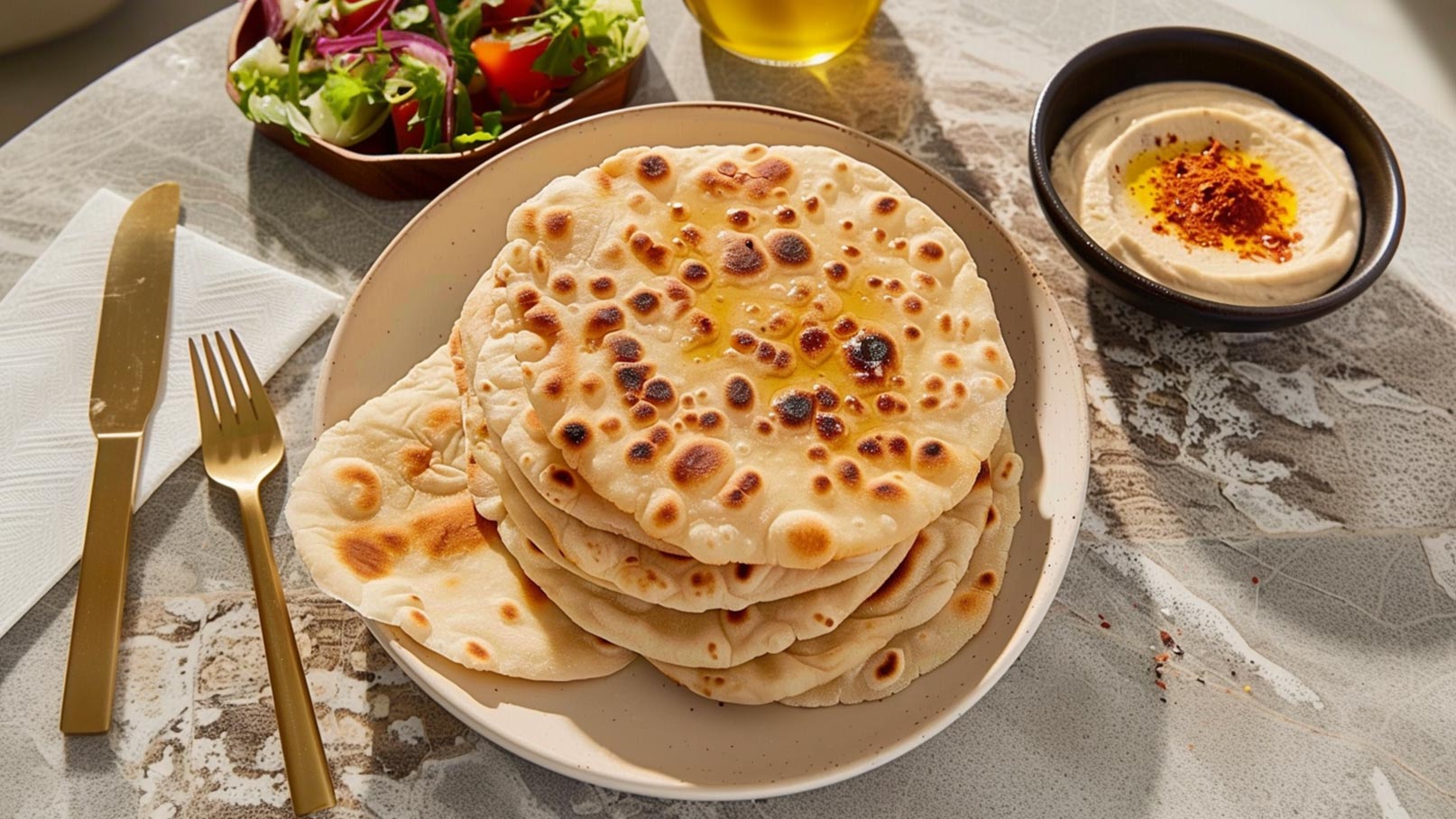 Ein Teller mit mehreren frisch gebackenen Fladenbroten, leicht gebräunt und mit etwas Öl beträufelt. Daneben befinden sich eine Schale Hummus mit einem Spritzer Öl und Paprika sowie ein kleiner Salat.