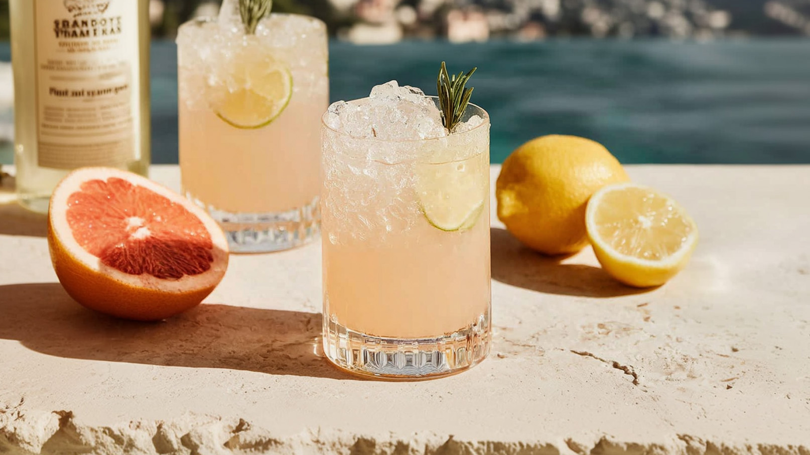 Zwei Cocktailgläser mit Eis, einer Limettenscheibe und einem Rosmarinzweig, stehen auf einem Tisch. Rechts sind eine ganze Zitrone und eine halbierte Grapefruit platziert. Im Hintergrund ist ein verschwommener Blick auf das Wasser zu sehen.