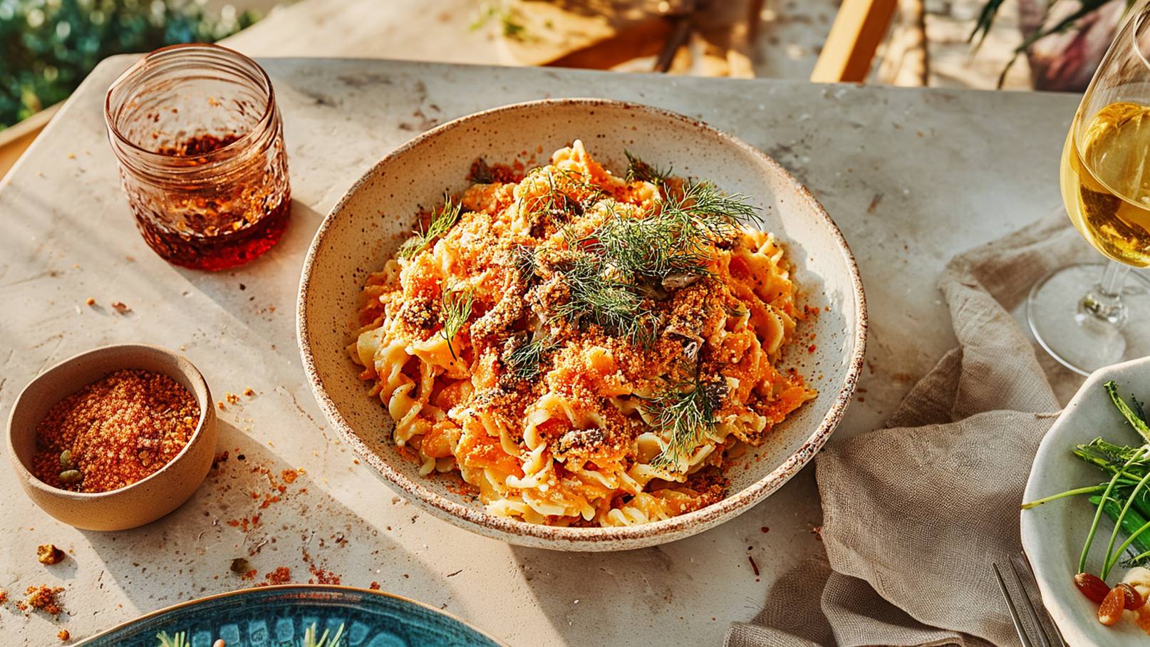 Eine Schüssel mit Pasta in einer cremigen Sauce ist auf einem Tisch platziert. Die Pasta ist mit einer knusprigen, goldbraunen Panade und frischem Dill garniert. Neben der Schüssel befindet sich ein kleines Schälchen mit Gewürz und ein Glas Weißwein.