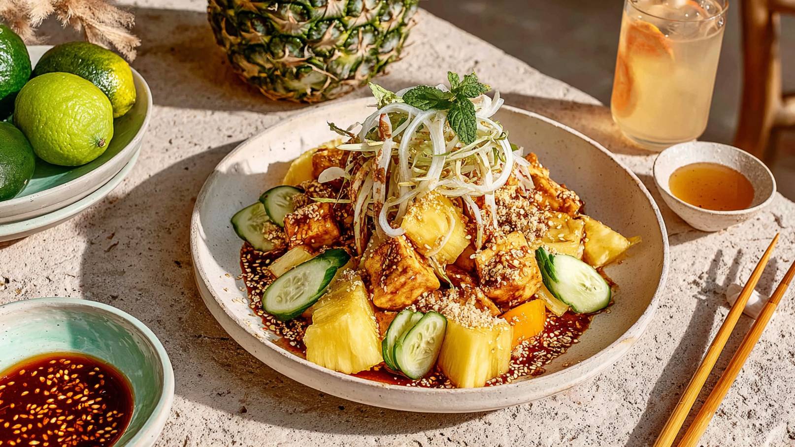 Ein Teller mit gegrilltem Tofu, marinierten Gurken und frischer Ananas, garniert mit Sesam und Frühlingszwiebeln. Der Teller steht auf einem steinernen Tisch, umgeben von einer Schale mit Limetten und einer weiteren mit Sojasauce. Im Hintergrund ist ein Getränk sichtbar.