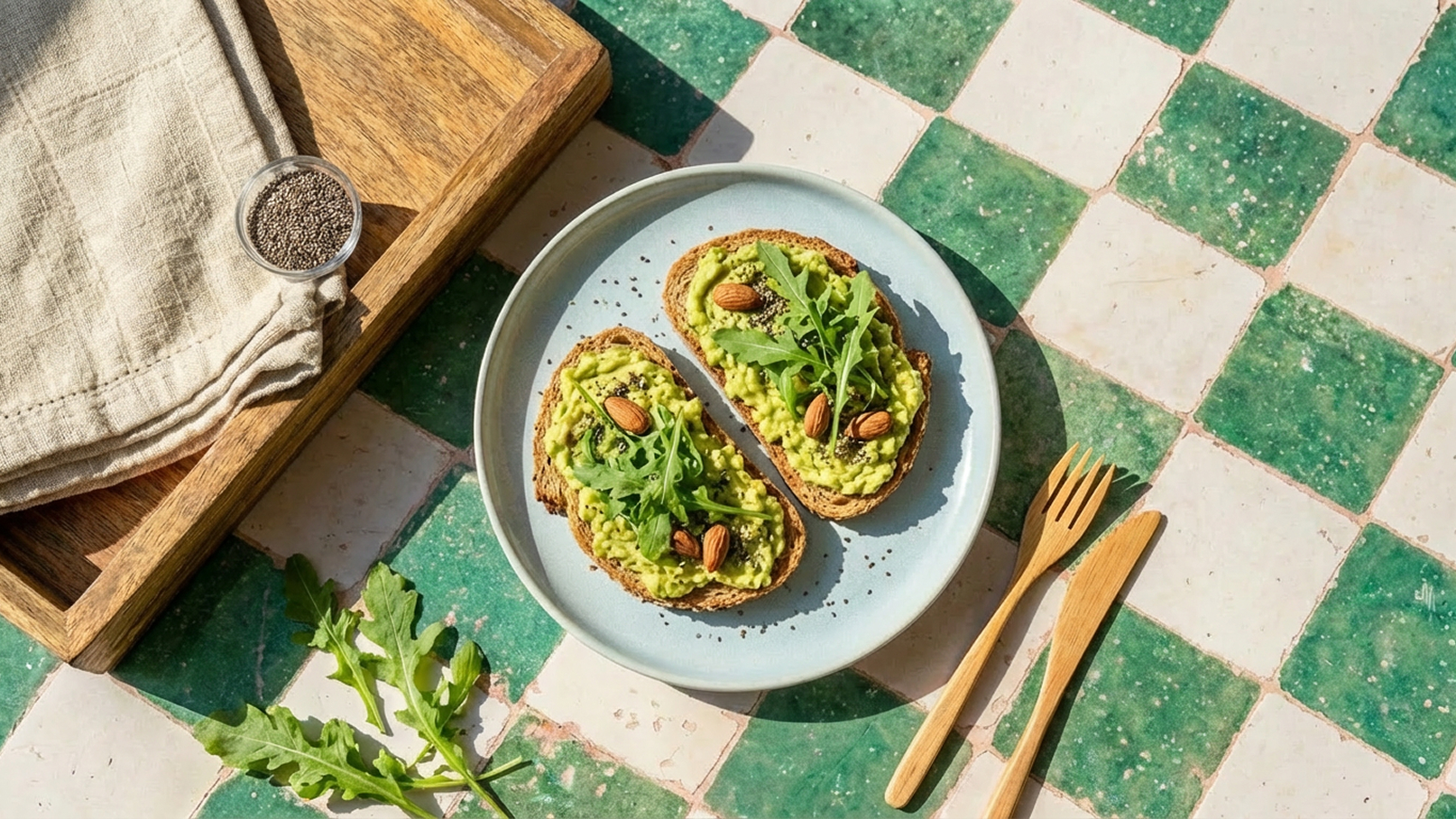 Auf einem blauen Teller liegen zwei Scheiben Vollkornbrot, belegt mit zerdrückter Avocado, Rucola und Mandeln. Der Hintergrund zeigt grüne und weiße Fliesen. Eine Gabel und ein Löffel aus Holz liegen neben dem Teller.