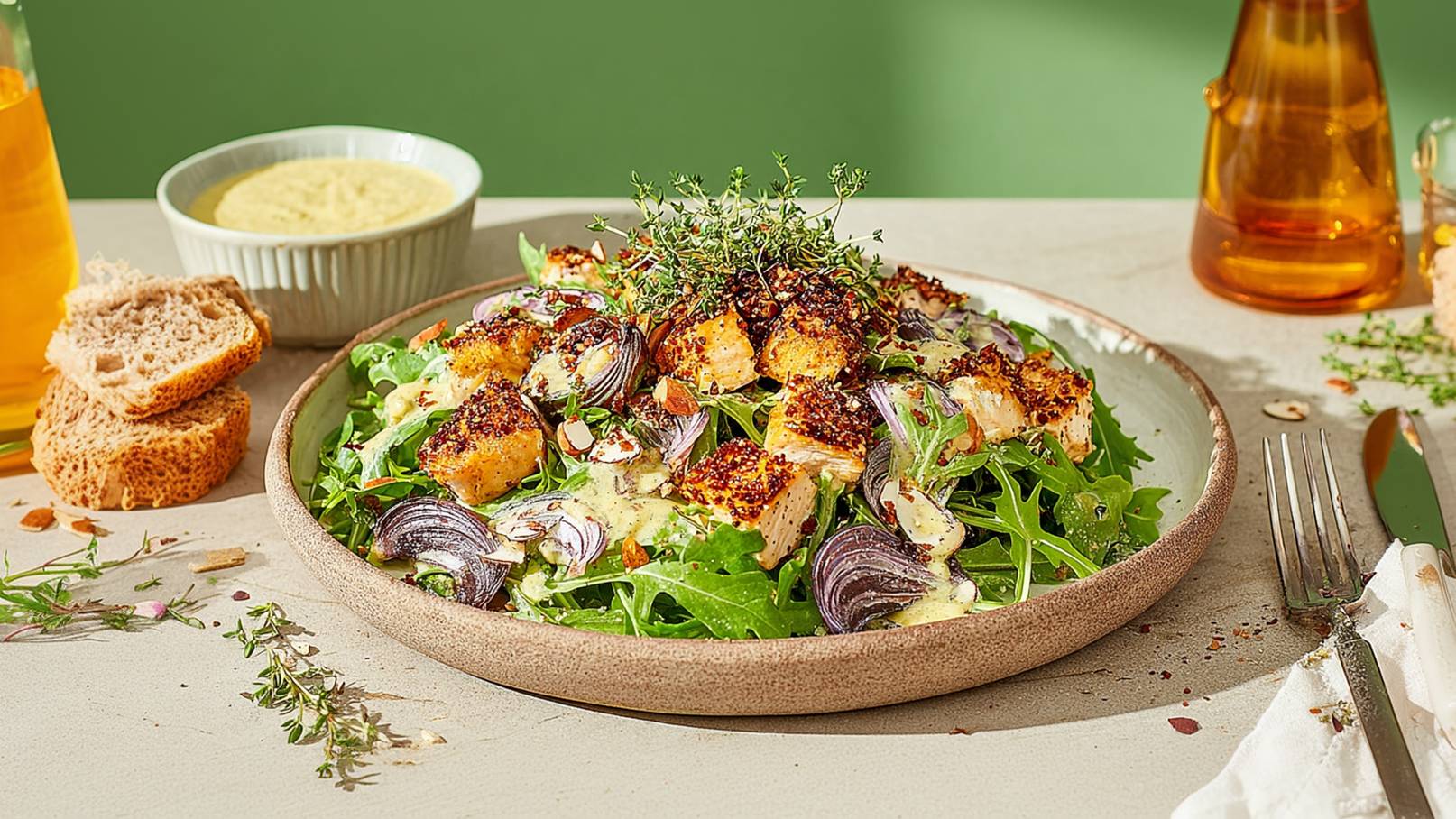 Ein frisch zubereiteter Salat auf einem rustikalen Teller, bestehend aus Rucola, gebratenen Hühnerstücken, roten Zwiebeln und gehobelten Mandeln. Eine cremige Soße und frische Kräuter verleihen dem Gericht zusätzlichen Geschmack. Im Hintergrund sind einige Brotscheiben sichtbar.