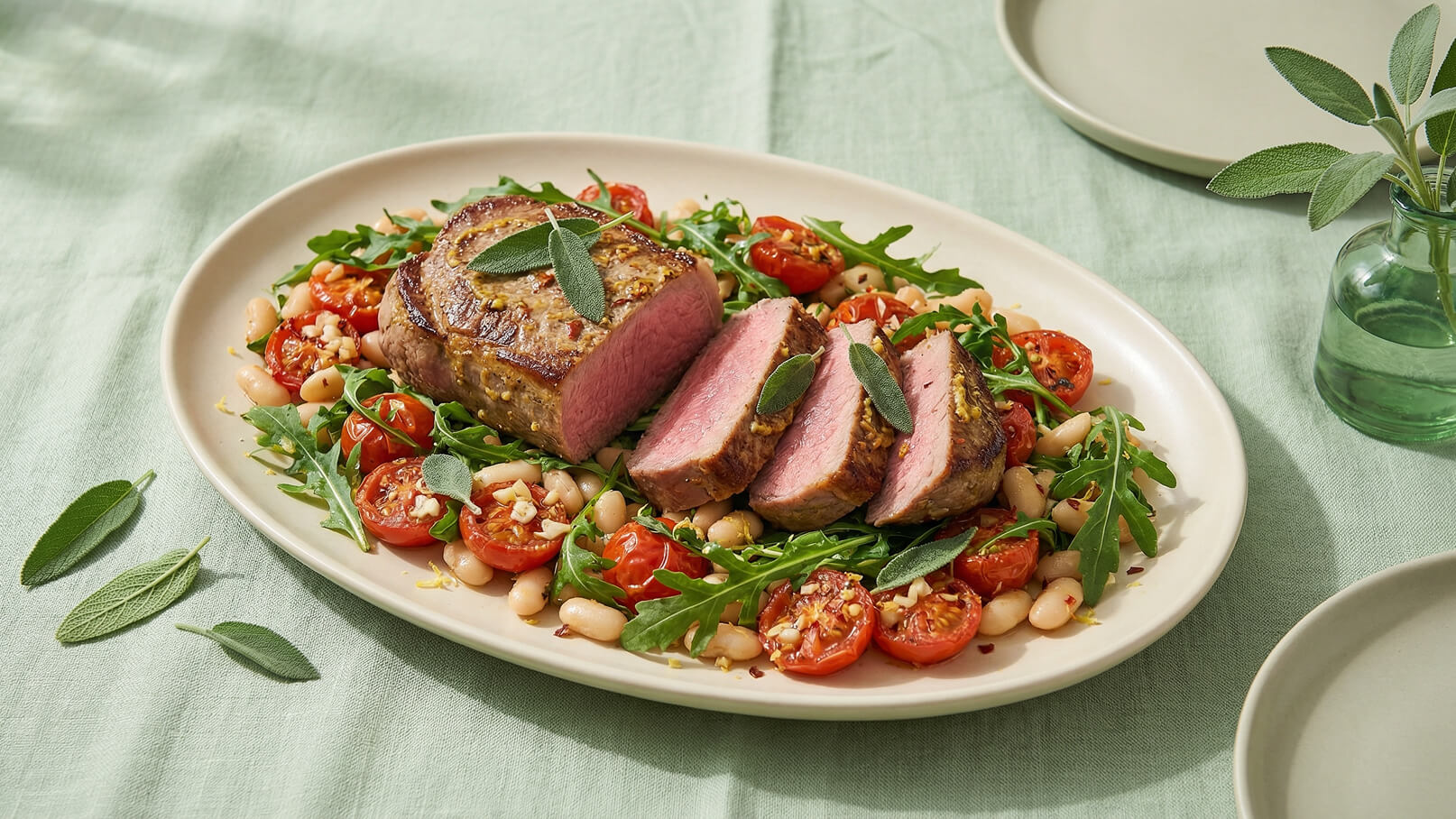 Das Bild zeigt eine appetitlich angerichtete Portion Rinderbraten, serviert auf einem Bett aus Rucola, Kirschtomaten und weißen Bohnen. Der Braten ist in Scheiben geschnitten und mit frischem Salbei garniert. Die Anrichtung erfolgt auf einem ovalen Teller.