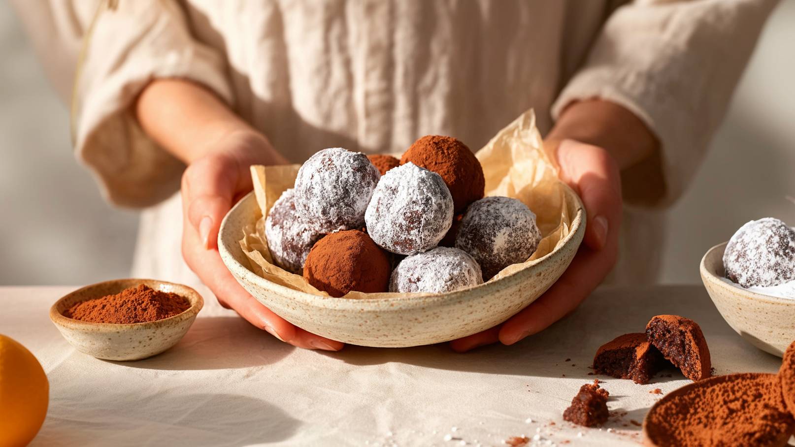Eine Person hält eine Schale mit Energie-Bällchen, die mit Puderzucker und Kakaopulver bestäubt sind. Neben der Schale befindet sich eine weitere kleine Schüssel mit Kakaopulver. Die Szene wirkt freundlich und einladend, mit sanften Lichtverhältnissen.