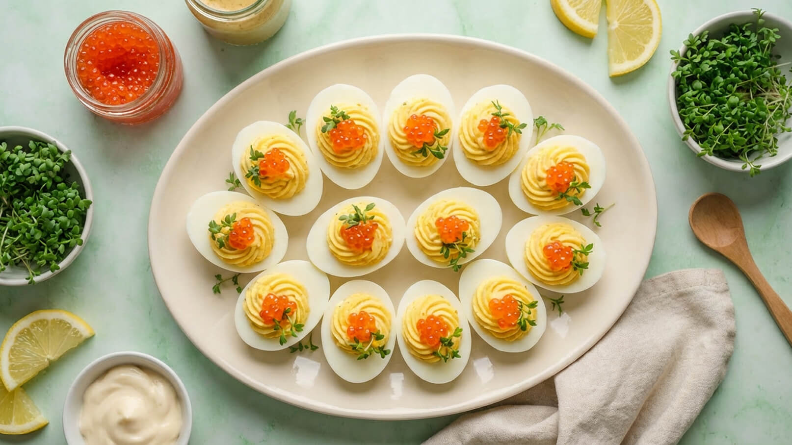 Ein ovales Tablett mit zwölf gefüllten Eiern, die mit einer gelben Creme und roten Fischtropfen oben dekoriert sind. Um das Tablett sind frische Kräuter, Zitronenscheiben und kleine Schalen mit Saucen angeordnet. Die gesamte Anordnung hat einen ansprechenden und festlichen Eindruck.