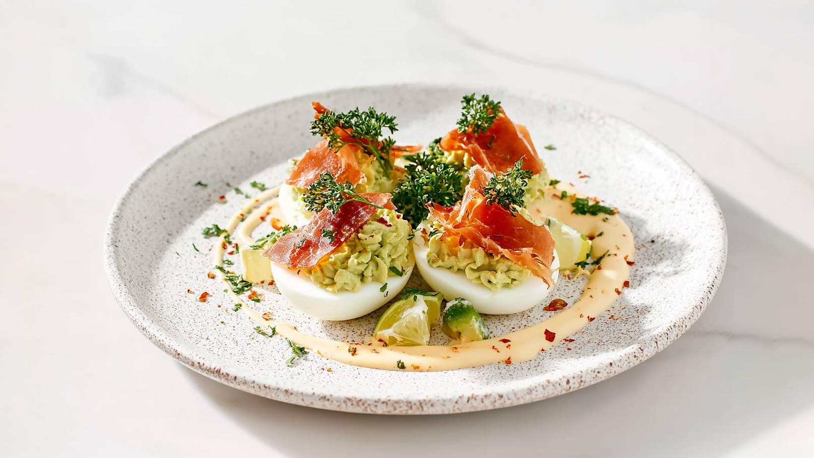 Ein Teller mit aufgeschnittenen Eiern, gefüllt mit einer grünen Füllung, garniert mit Schinkenstreifen und frischen Kräutern. Der Teller ist mit einer hellen Sauce umrandet und dekoriert mit kleinen Stückchen von Limette und Gewürzen.