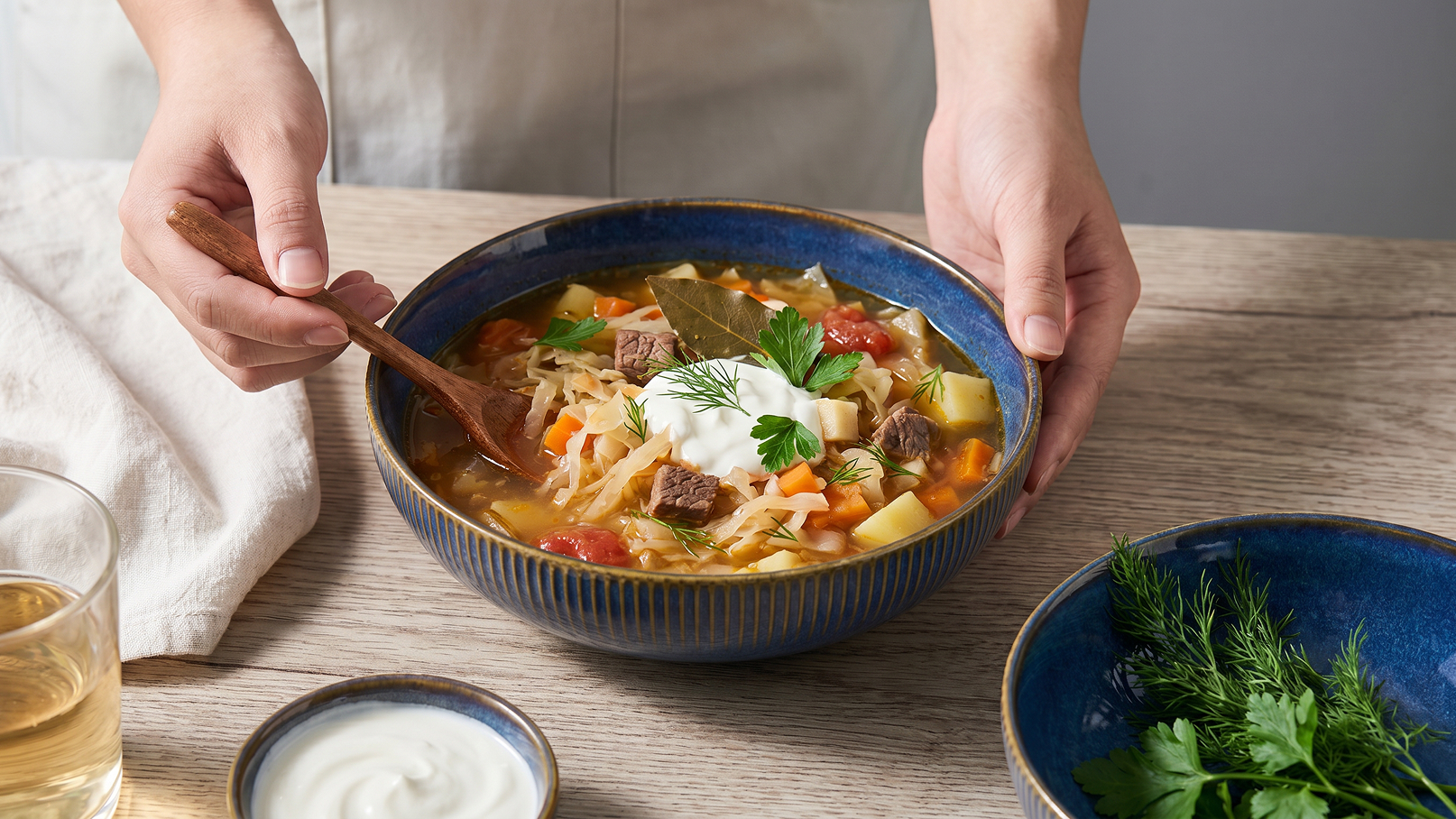 Eine Person hält eine Schüssel mit herzhafter Gemüsesuppe, die mit Fleischstücken, Kartoffeln und Kräutern zubereitet ist. Auf der Suppe befindet sich ein Klecks Sauerrahm und frische Dillzweige. Daneben steht ein Glas Wasser und eine kleine Schale mit Kräutern.