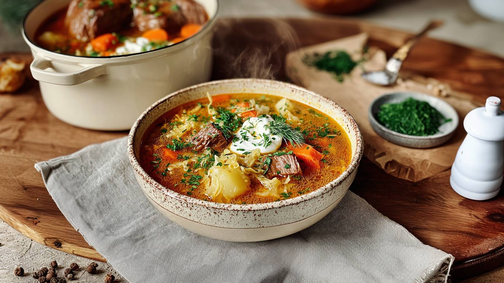 Eine dampfende Schüssel Suppe steht auf einem Holzteller. Die Suppe enthält Stücke von Fleisch, Gemüse wie Karotten und Kartoffeln sowie einen Klecks Sauerrahm und frische Kräuter. Im Hintergrund ist ein Topf mit zusätzlicher Suppe und einige Gewürze sichtbar.