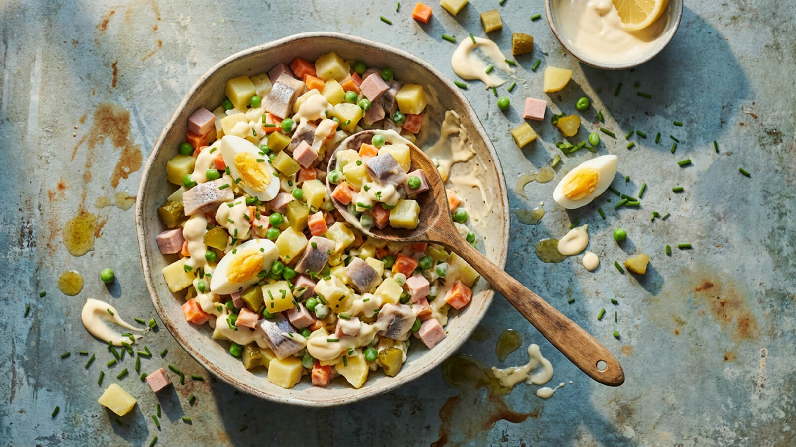 Eine Schüssel mit einem bunten Salat, der aus Kartoffeln, Erbsen, Karotten, Schinken und eingelegten Gurken besteht. Einige Eierhälften und eine cremige Sauce sind ebenfalls zu sehen. Ein Holzlöffel liegt neben dem Salat. Der Hintergrund ist ein gedeckter Tisch.