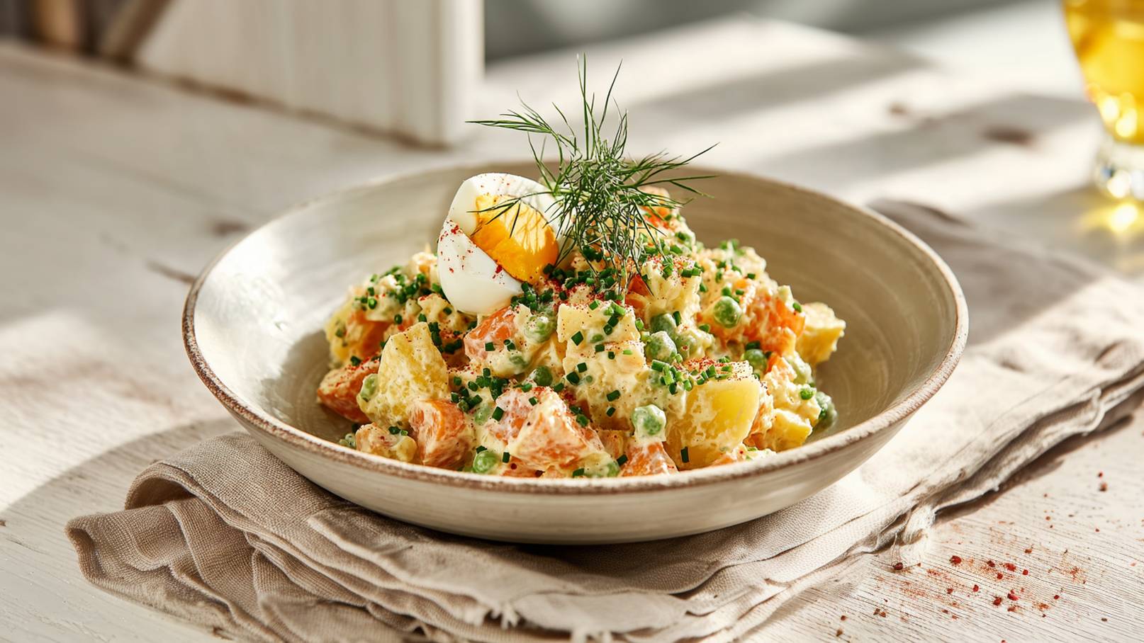 Ein Teller mit Kartoffelsalat, garniert mit einem halbierten, gekochten Ei und frischem Dill. Der Salat enthält kleine Stücke von Karotten und Erbsen, die in einer cremigen Sauce vermischt sind. Der Teller steht auf einem Tisch mit einer neutralen Stoffunterlage.