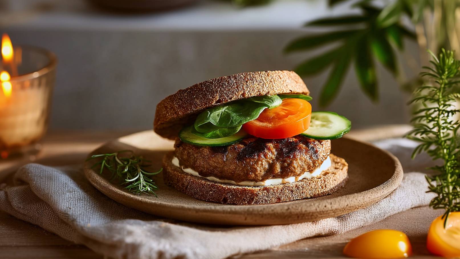 Ein frisch zubereiteter Burger auf einem keramischen Teller. Der Burger besteht aus einer saftigen Frikadelle, belegt mit frischem Spinat, Tomatenscheiben und Gurken auf Vollkornbrot. Im Hintergrund sieht man eine Kerze und einige grüne Pflanzen.